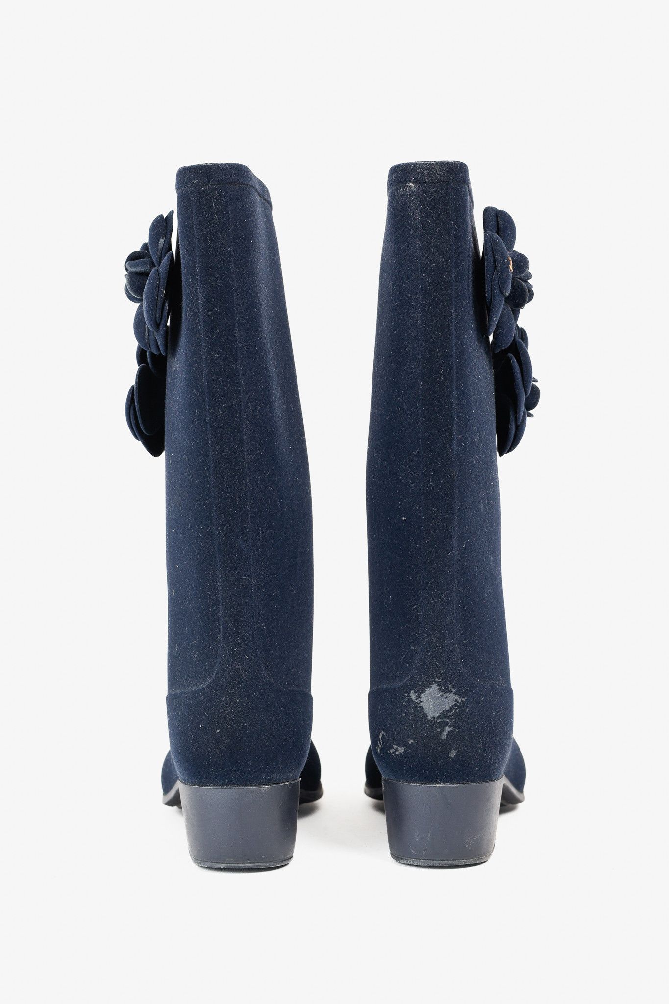 Chanel Chanel 11A Navy Velvet Camellia Rubber Rain Boots Size US 6.5 / IT 36.5 - 3 Thumbnail