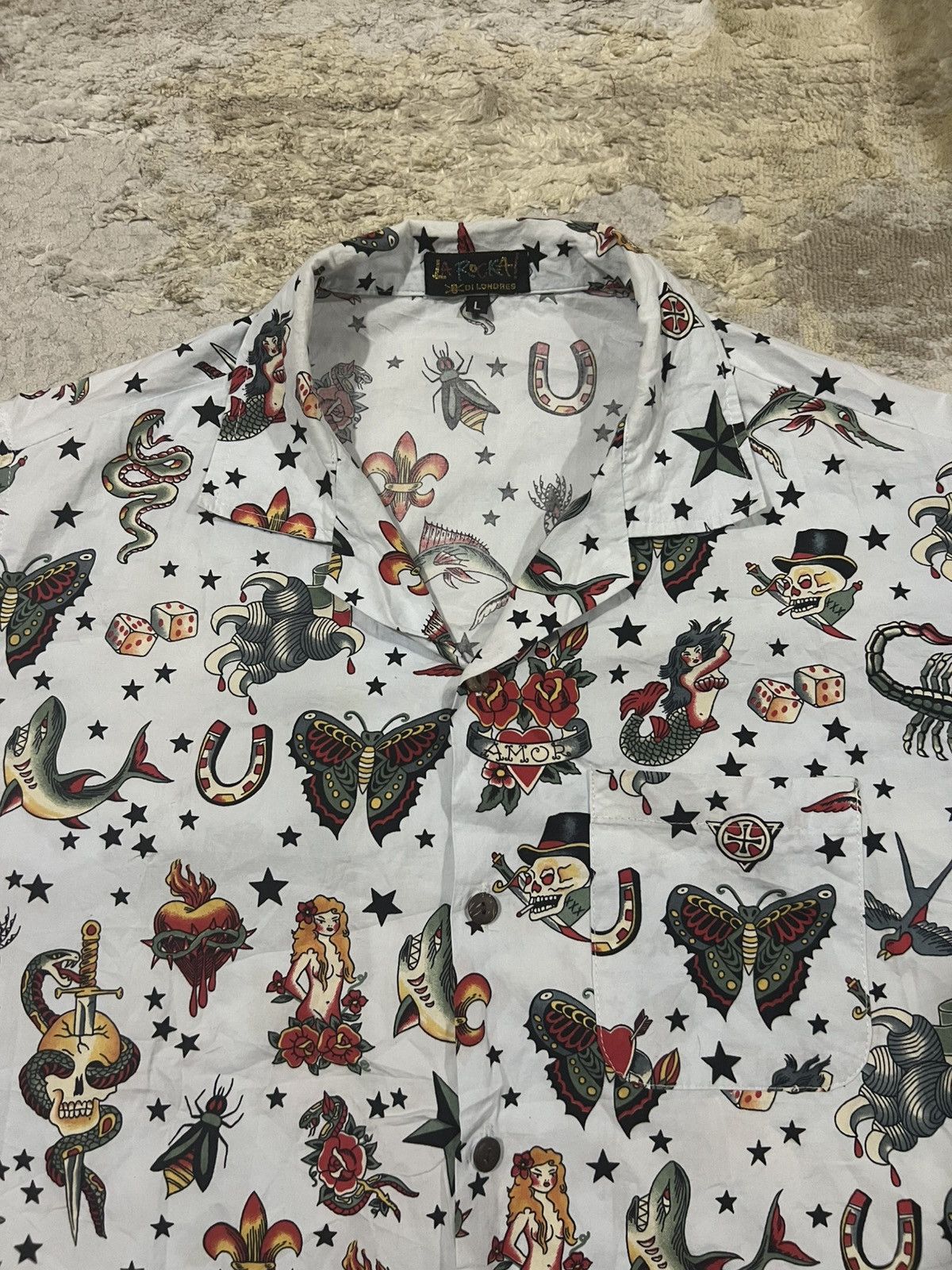 A.F.F.A. Vintage LA ROCKA! Tattoo Print Open Collar SS Button Shirt Size US L / EU 52-54 / 3 - 4 Thumbnail
