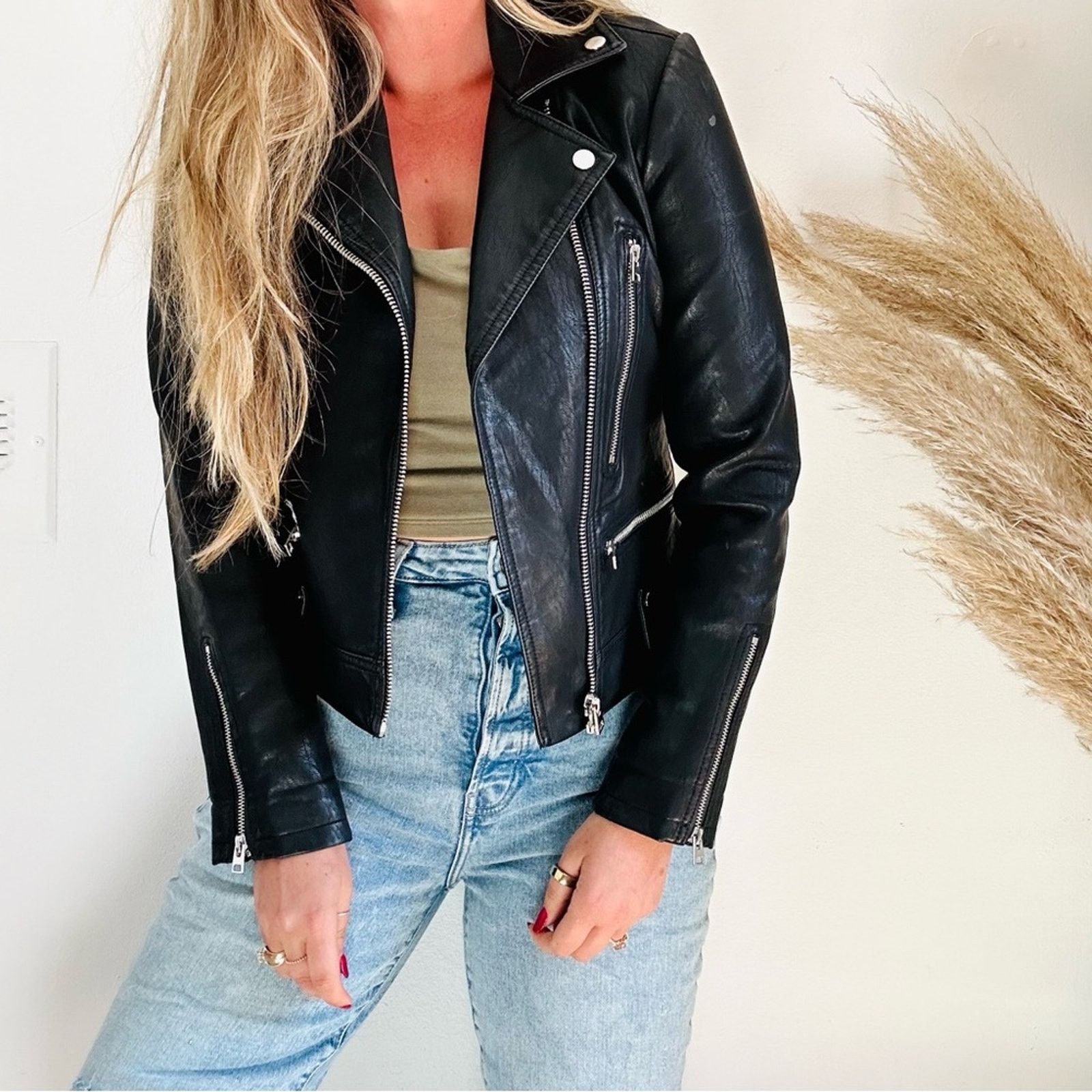 TOPSHOP Black Faux Vegan Leather Side Zip Moto Biker Jacket
