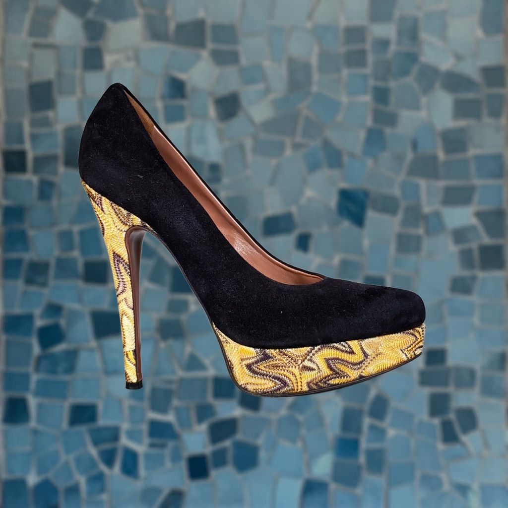 Missoni Missoni Black Suede Fabric Platform Pumps Gold Lurex Knit Covering Midsole Heel Women's US 6 (EU 36) Size US 6 / IT 36 - 1 Thumbnail