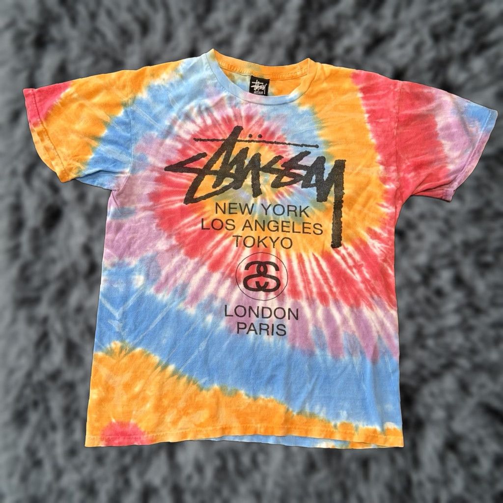 Logo 7 VINTAGE Stussy Tie Dye T-Shirt Graphic Logo New York London Paris Medium Purple Crew Neck Cotton Short Sleeve Men M English London 90s (if applicable) Size US M / EU 48-50 / 2 - 1 Thumbnail