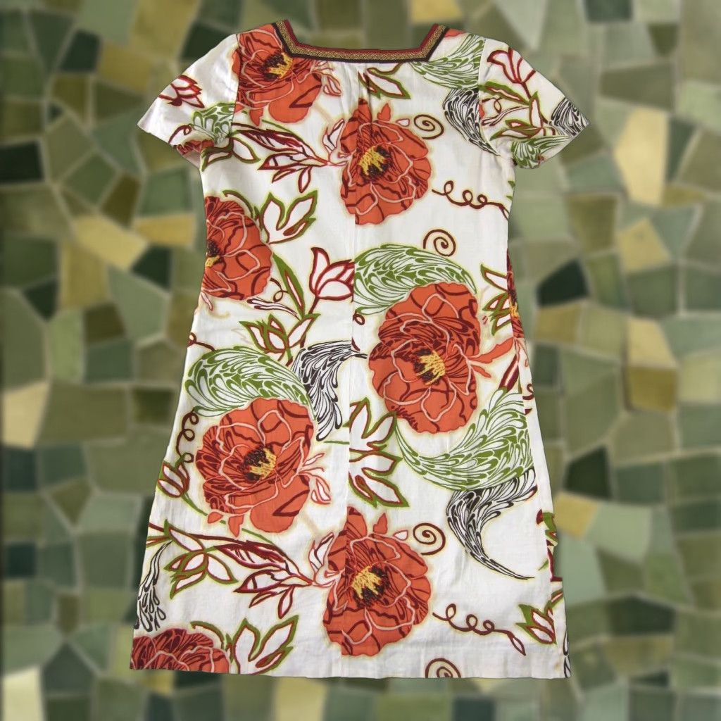 Vintage Dana Buchman Shift Dress 8 Women Short Sleeve Ivory Floral Cotton Stretch Kaftan Pencil Sheath Shirt Dress V-Neck 8 Size 30" / US 8 / IT 44 - 1 Thumbnail