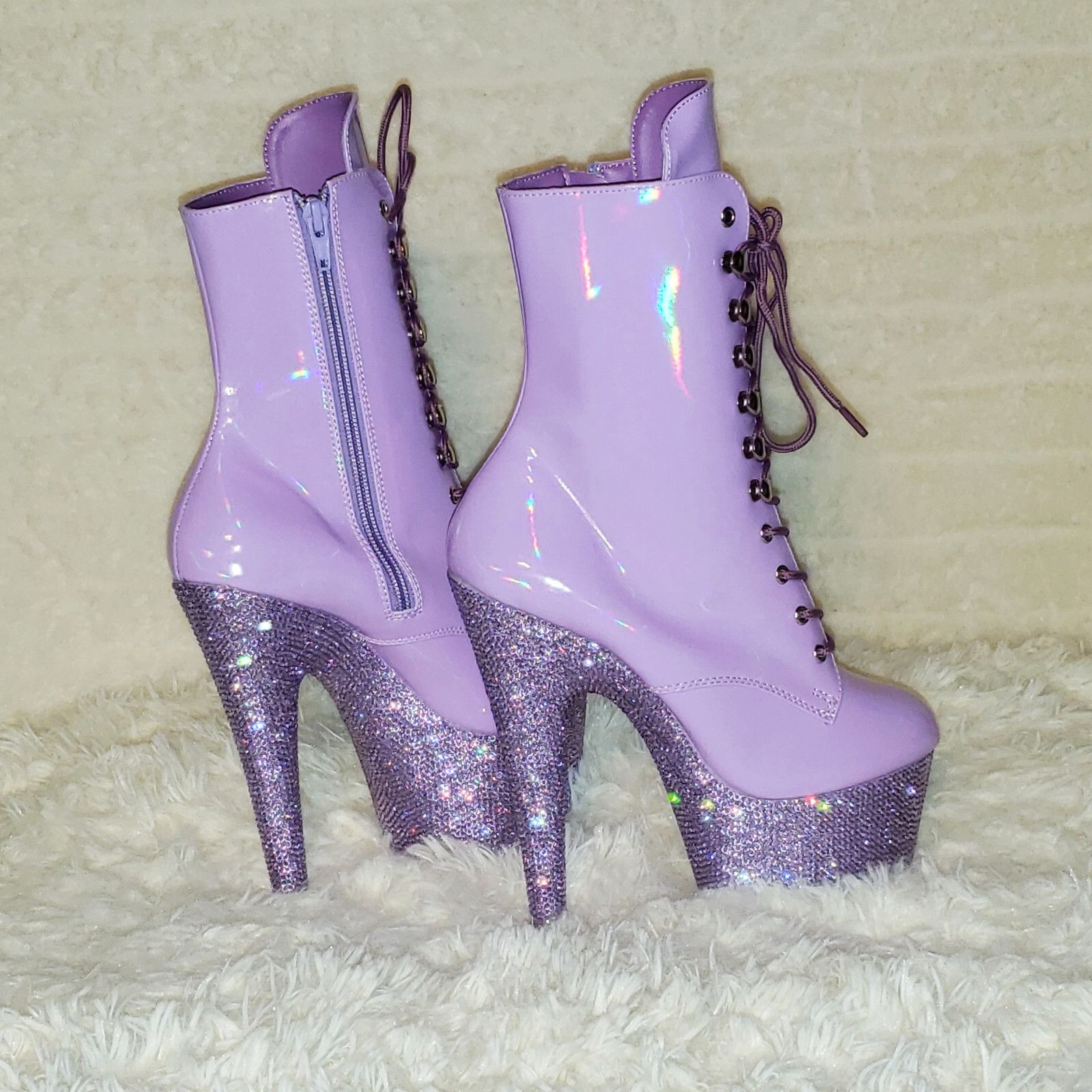 Other Bejeweled Lilac Rhinestone Platform Lace Up Ankle Boots 7" H Size US 6 / IT 36 - 9 Thumbnail