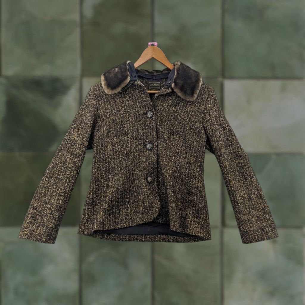 VINTAGE Louben Jacket Women Mid-Length Wool Blend Lined Knit Brown Black Size 10 Pockets 90s Designer Coat Canada