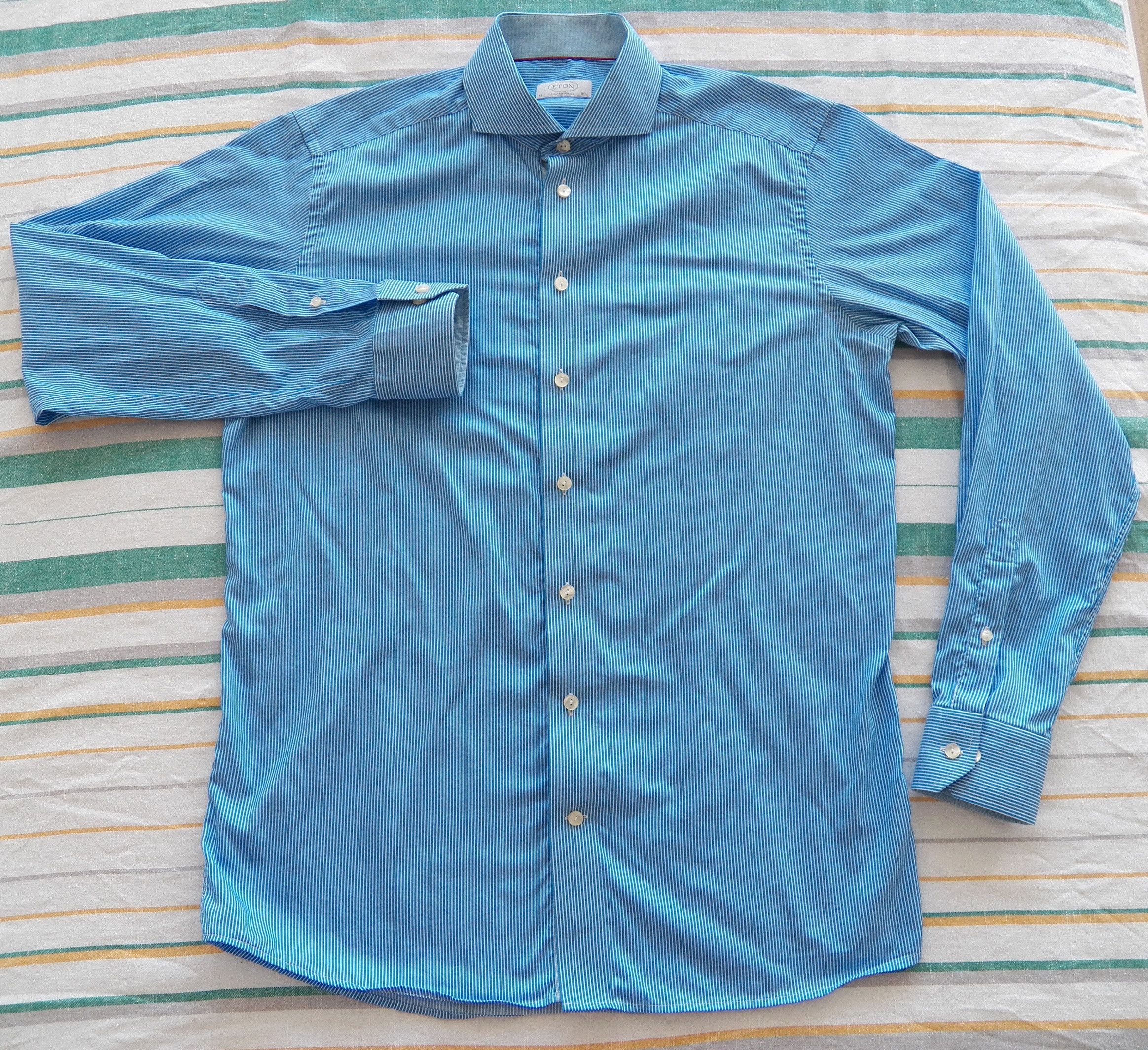 Eton Mens Shirt 42 16.5 Blue White Stripe Convertible Cuff
