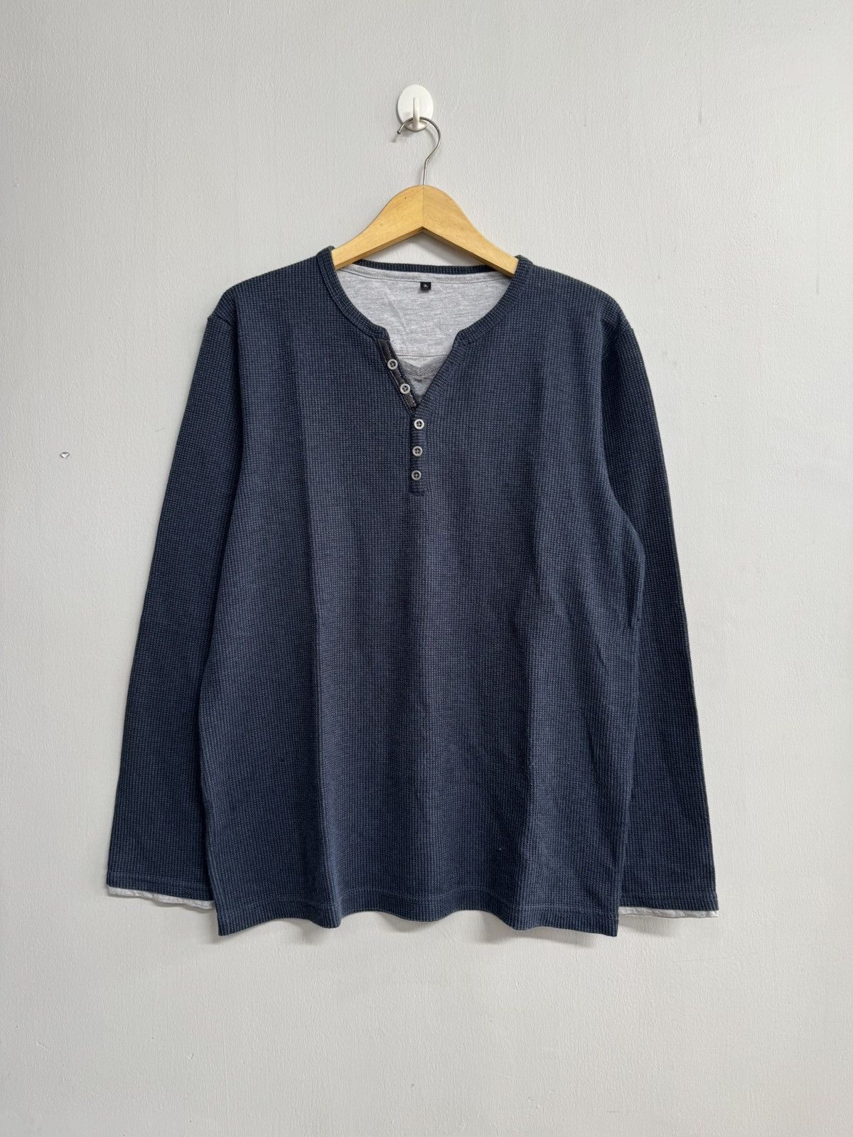 Japanese Brand FREUDE DOUBLE LAYER LONGSLEEVE WAFFLE-KNIT HENLEY SHIRT Size US L / EU 52-54 / 3 - 1 Thumbnail
