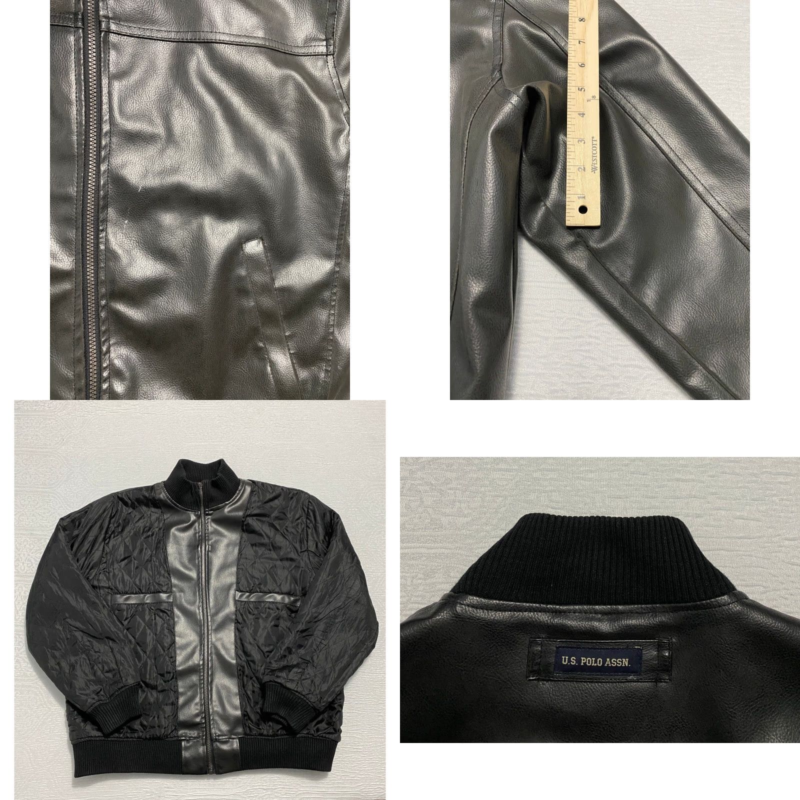 U.S. Polo Assn. US Polo Assn Mens Faux Leather Bomber Jacket Black Size L Zip Stand-Up Collar Padded Insulated Regular Fit Casual Size US L / EU 52-54 / 3 - 8 Thumbnail