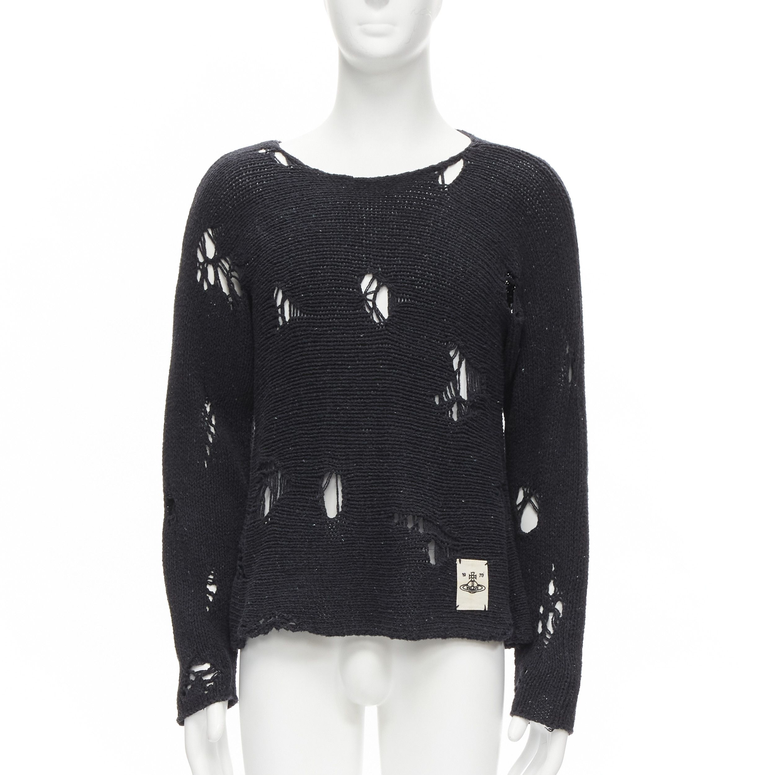 image of Vivienne Westwood Anglomania Broken Knit Dark Grey Heavy Distressed Knit Orb Logo Sweater S, Women'
