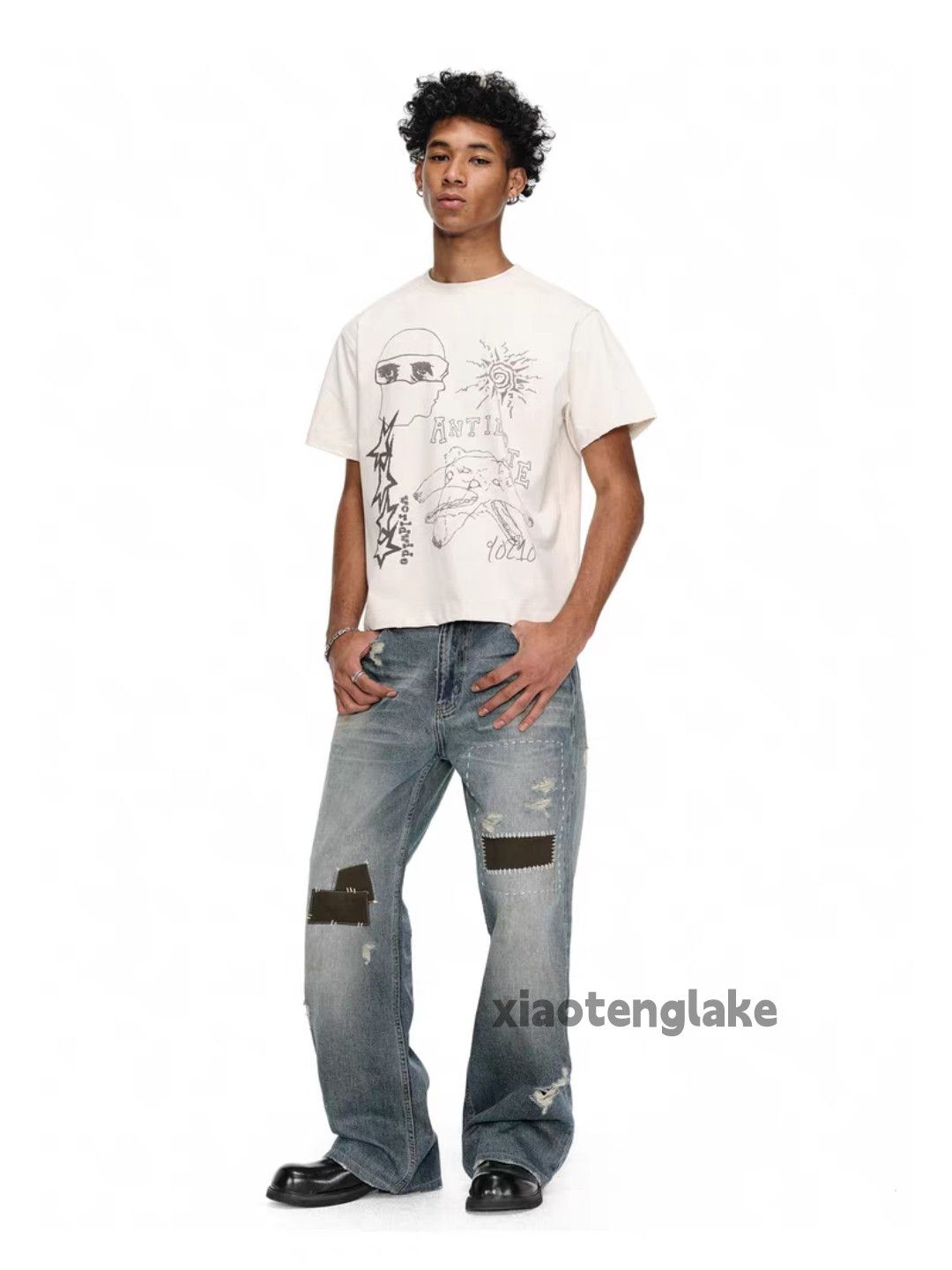 Vintage Unisex washed faded loose baggy skate hiphop patch jeans Size US 32 / EU 48 - 6 Thumbnail