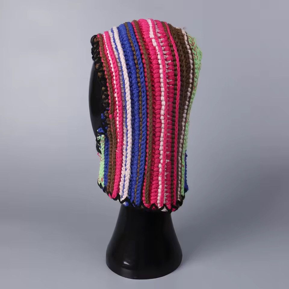 Handmade Colorful Dopamine Crochet Striped Woolen Balaclava Cap Size ONE SIZE - 2 Thumbnail