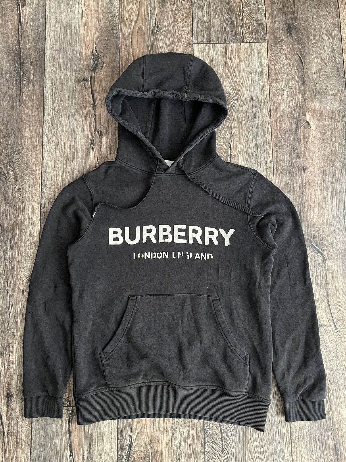 image of Burberry England London Logo Distressed Washed Hoodie in Black, Men's (Size XS)