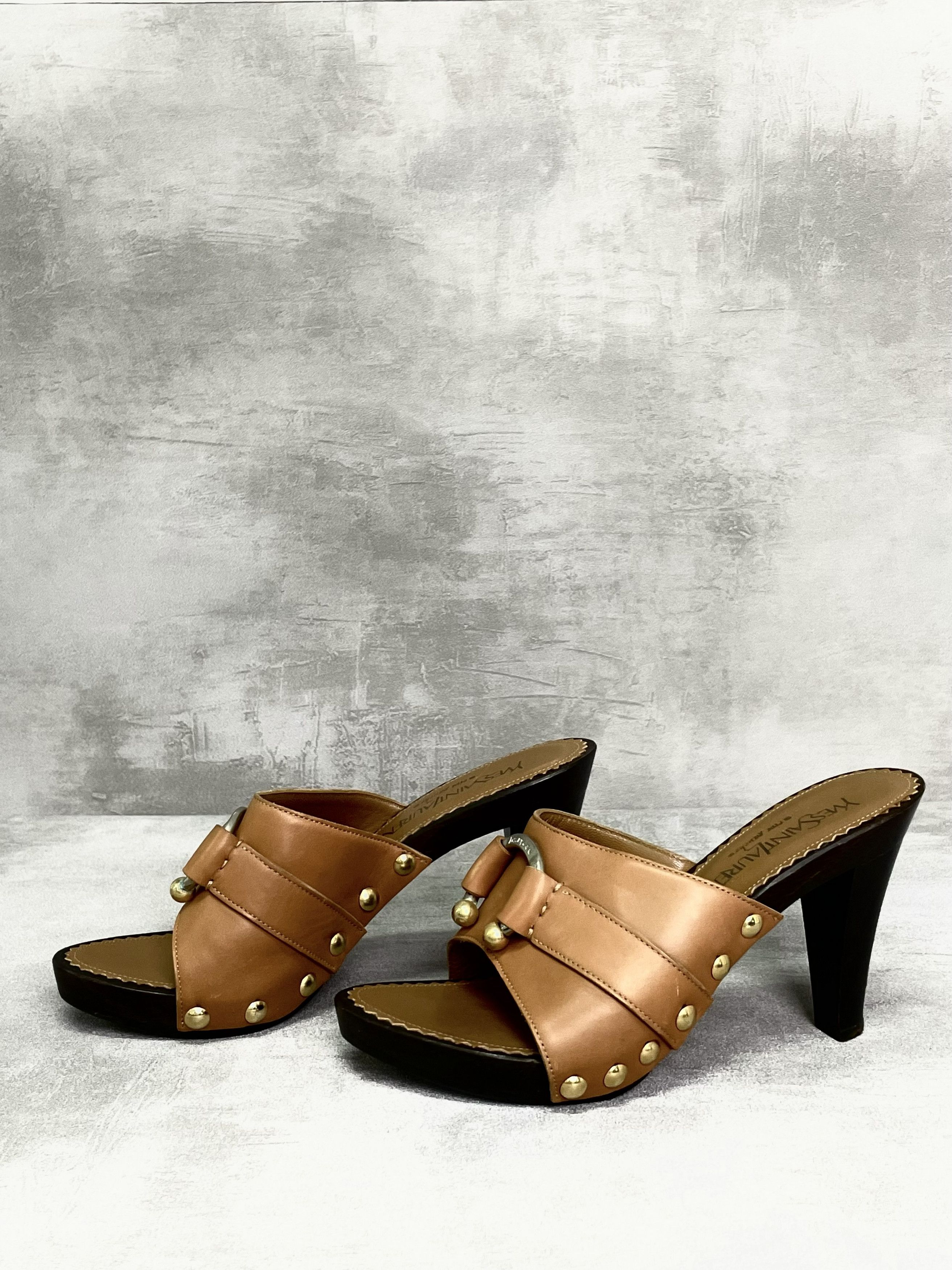 Yves Saint Laurent Beige High Heel Clogs With Golden Buckle