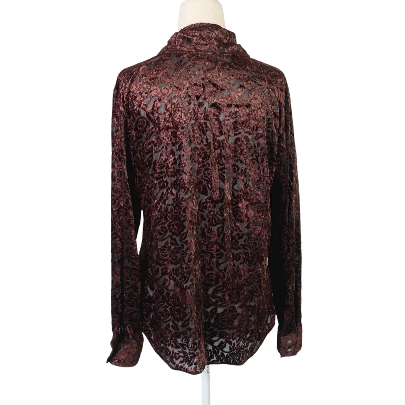 VINTAGE Bentley Brown Floral Velvet Burnout Button-Down Top M Womens Long Sleeve 90s Bohemian 90s Floral Vintage