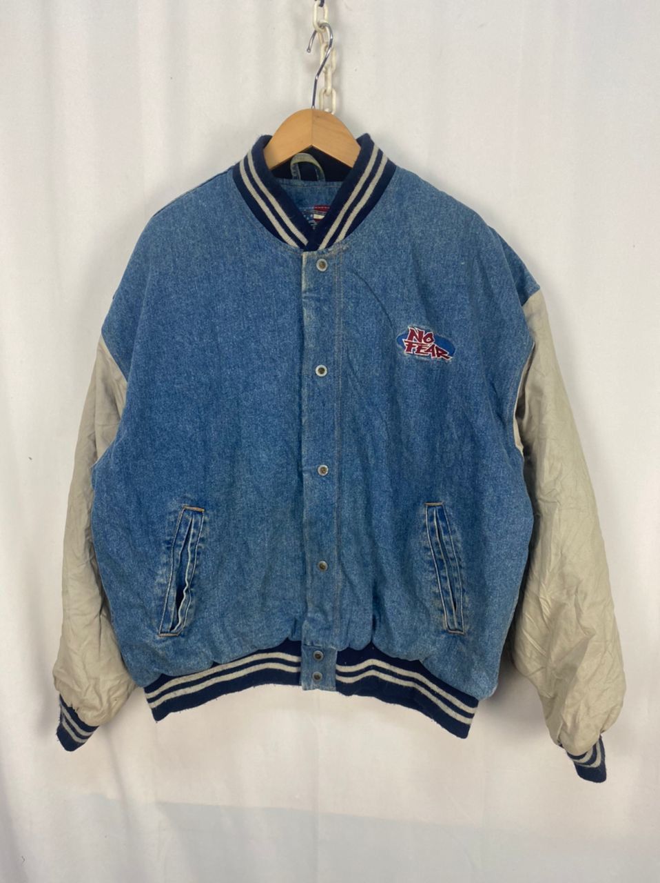 Vintage no fear spellout denim bombers jacket