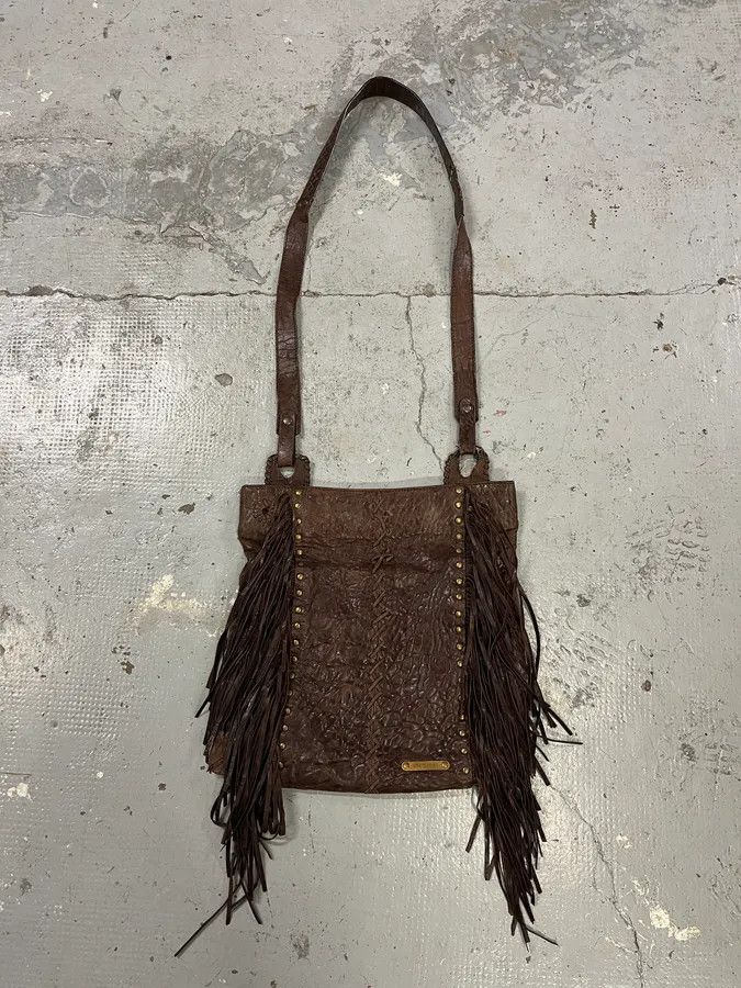 Designer × Roberto Cavalli × Vintage 2000s Roberto Cavalli Grain Brown Leather Fringe Shoulder Bag Size ONE SIZE - 1 Thumbnail
