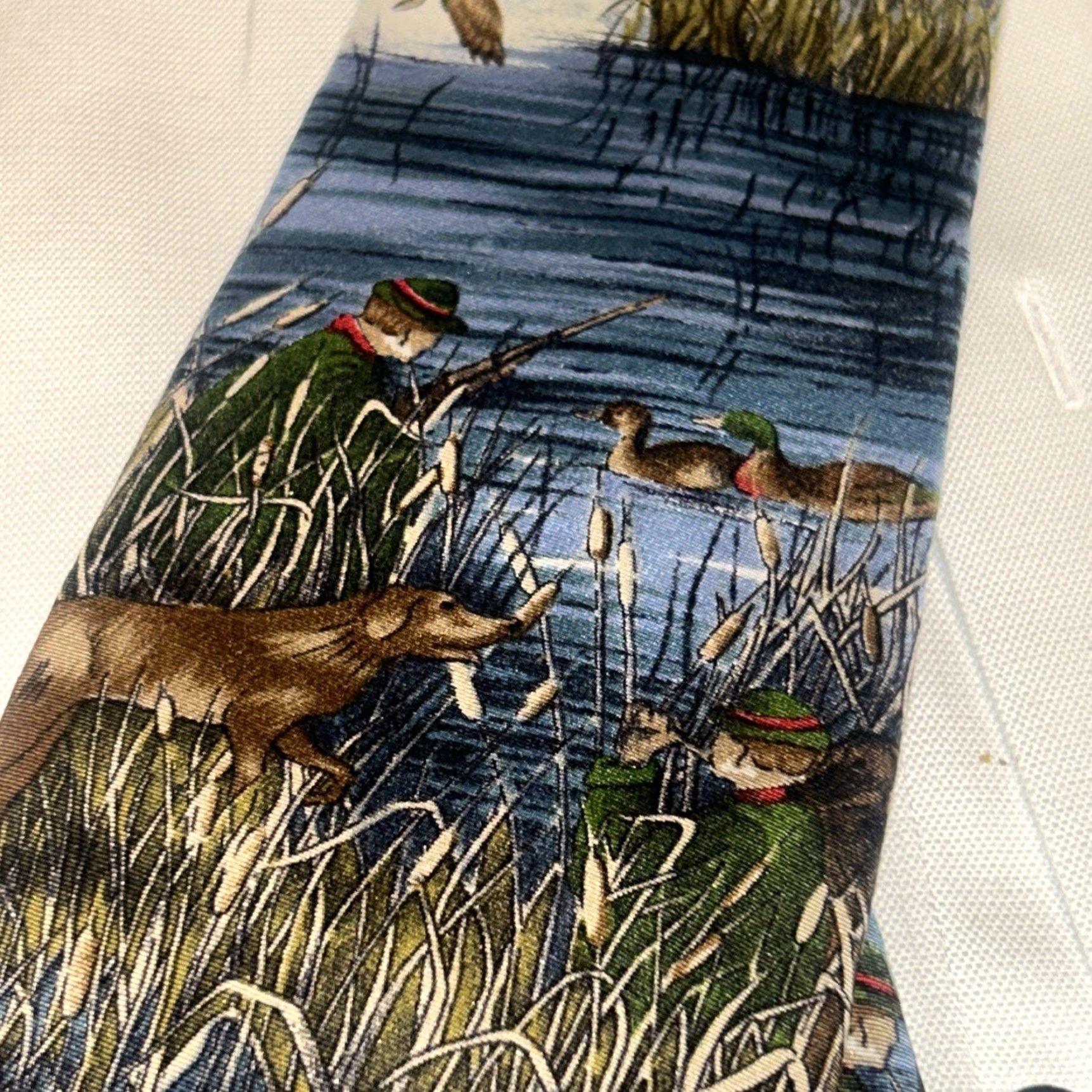 Lands' End Lands' End Silk Necktie Ducks Hunting Scene Hand Sewn Made In USA Men's Tie Blue 57"-60" Silk Woven Hunter Duck Handmade Tie Mens Size ONE SIZE - 6 Thumbnail