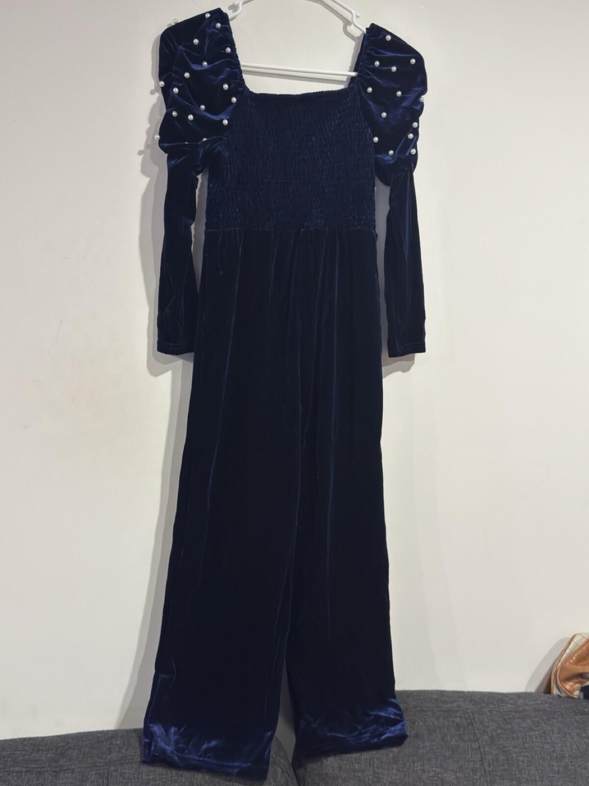 Other Girls Velvet Pearl Beaded Wide Leg Jumpsuit Square Neck(10Y) Size 30" / US 8 / IT 44 - 11 Thumbnail