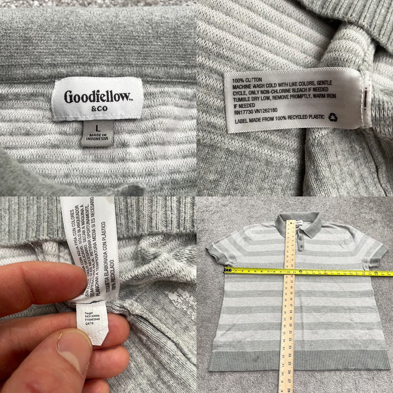 Vintage Goodfellow Polo Shirt Mens L Gray White Striped Cotton Knit Casual Top Size US L / EU 52-54 / 3 - 8 Thumbnail