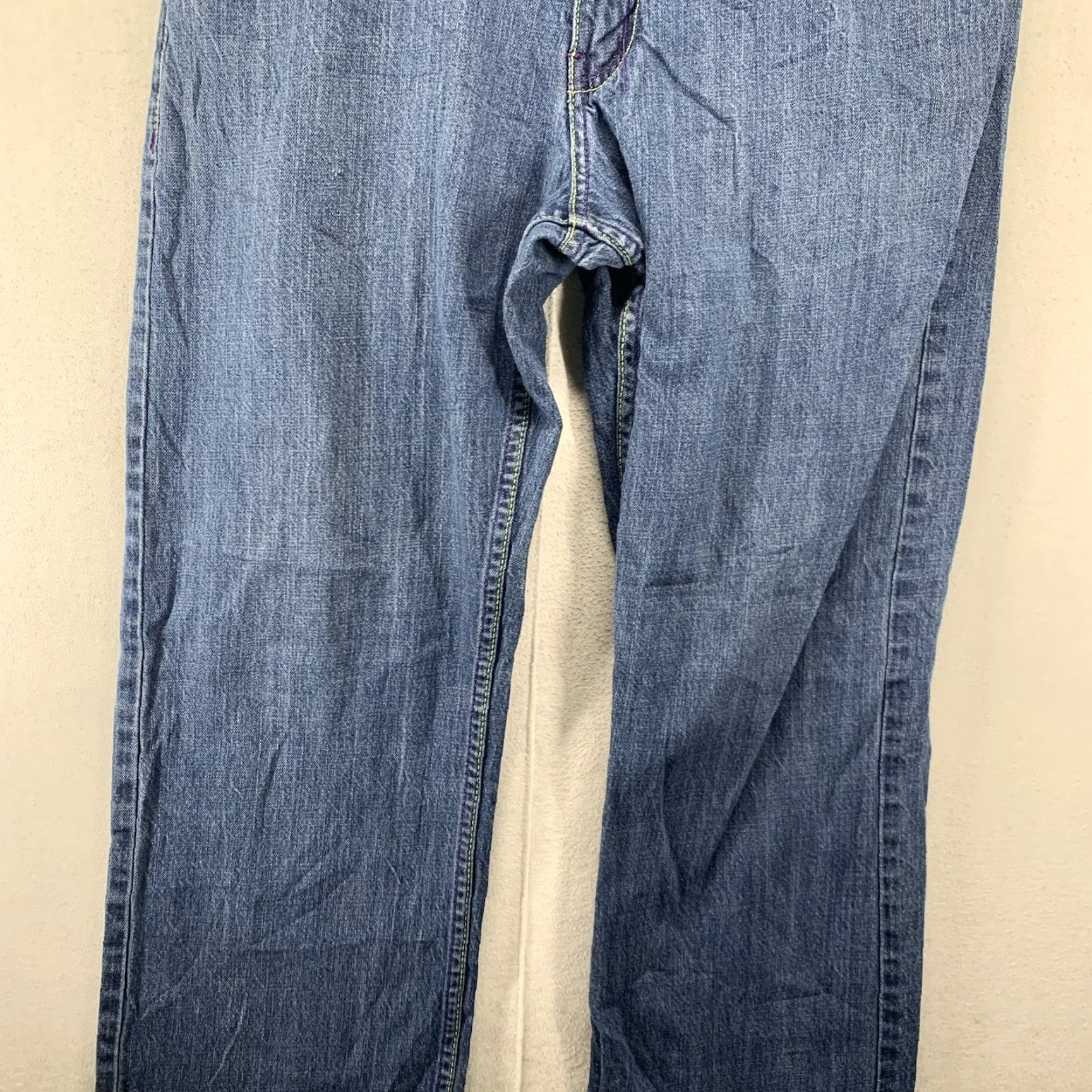Vintage Vintage Men’s Y2K Skater Jeans Wide-Leg 35x33 Denim Blue Neon Green Purple Stitching Size US 34 / EU 50 - 7 Thumbnail