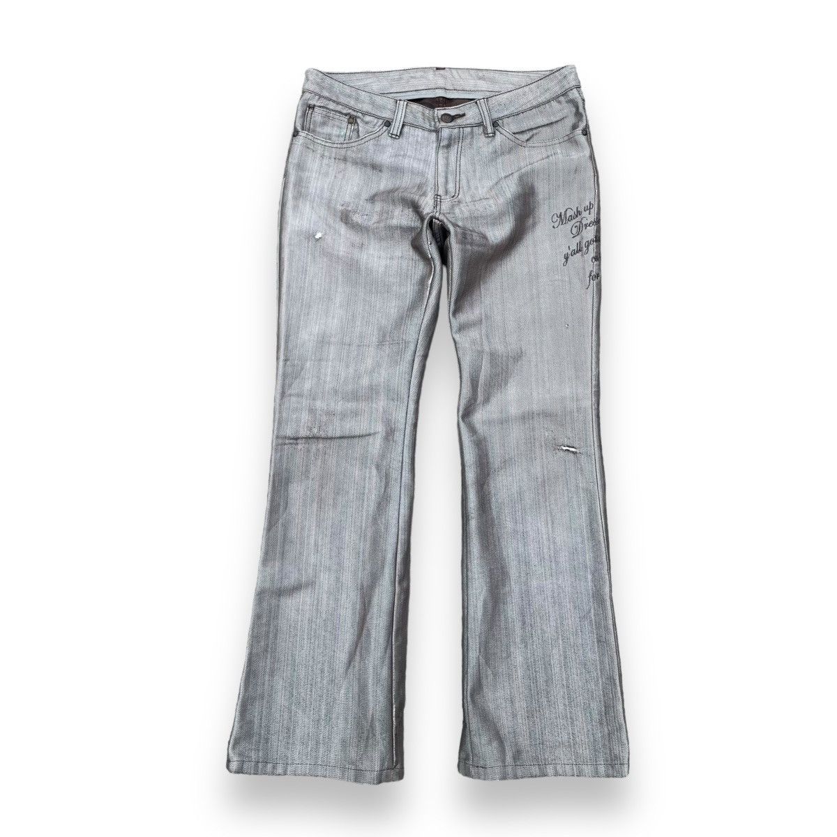 If Six Was Nine × Japanese Brand × Le Grande Bleu (L.G.B.) CUSTOM CULTURE EMBROIDERED PUNK WORDING FLARE DENIM PANTS Size US 31 - 1 Thumbnail