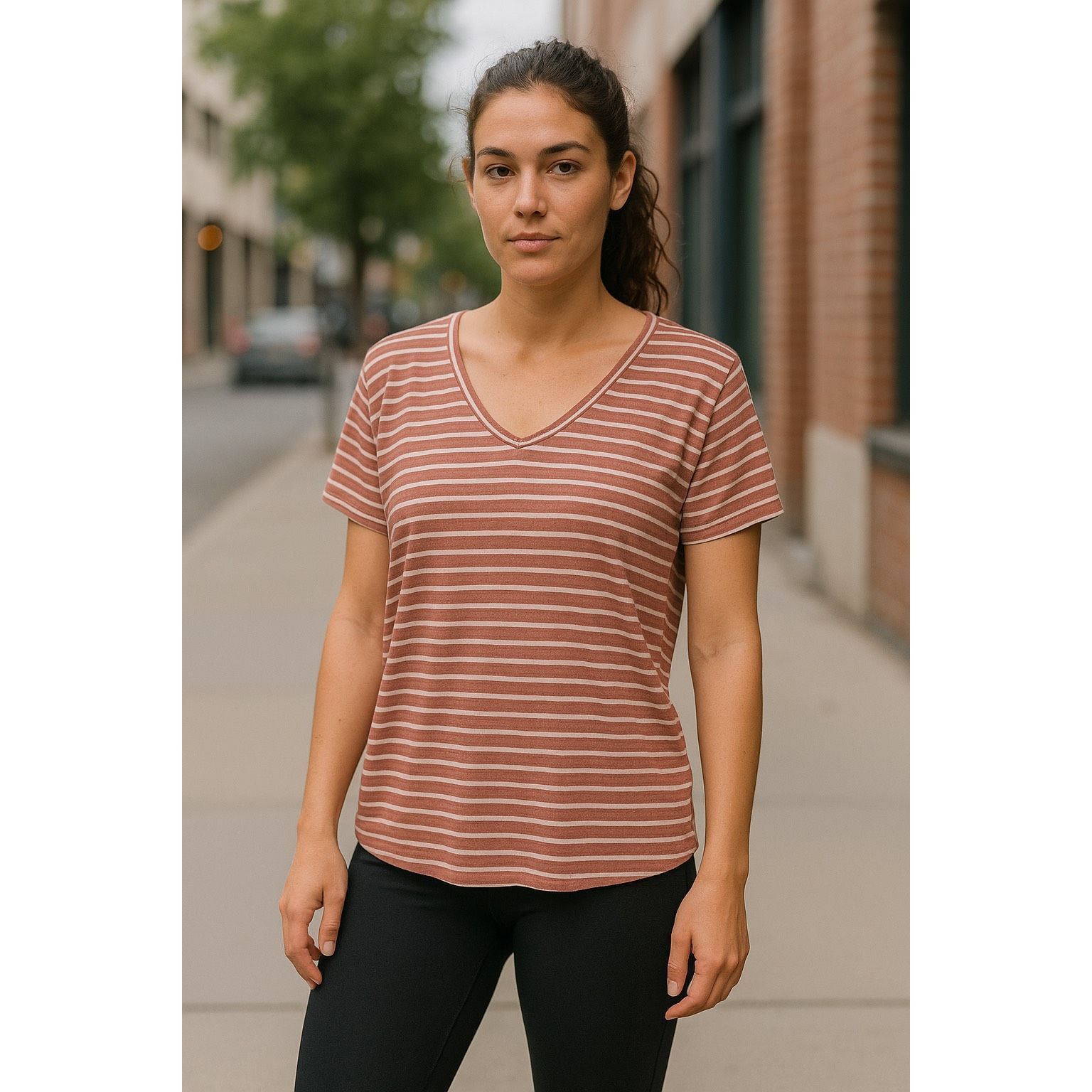 Other ActiveUSA Striped V-Neck T-Shirt | Women’s Size S | Pink & W Size S / US 4 / IT 40 - 2 Thumbnail
