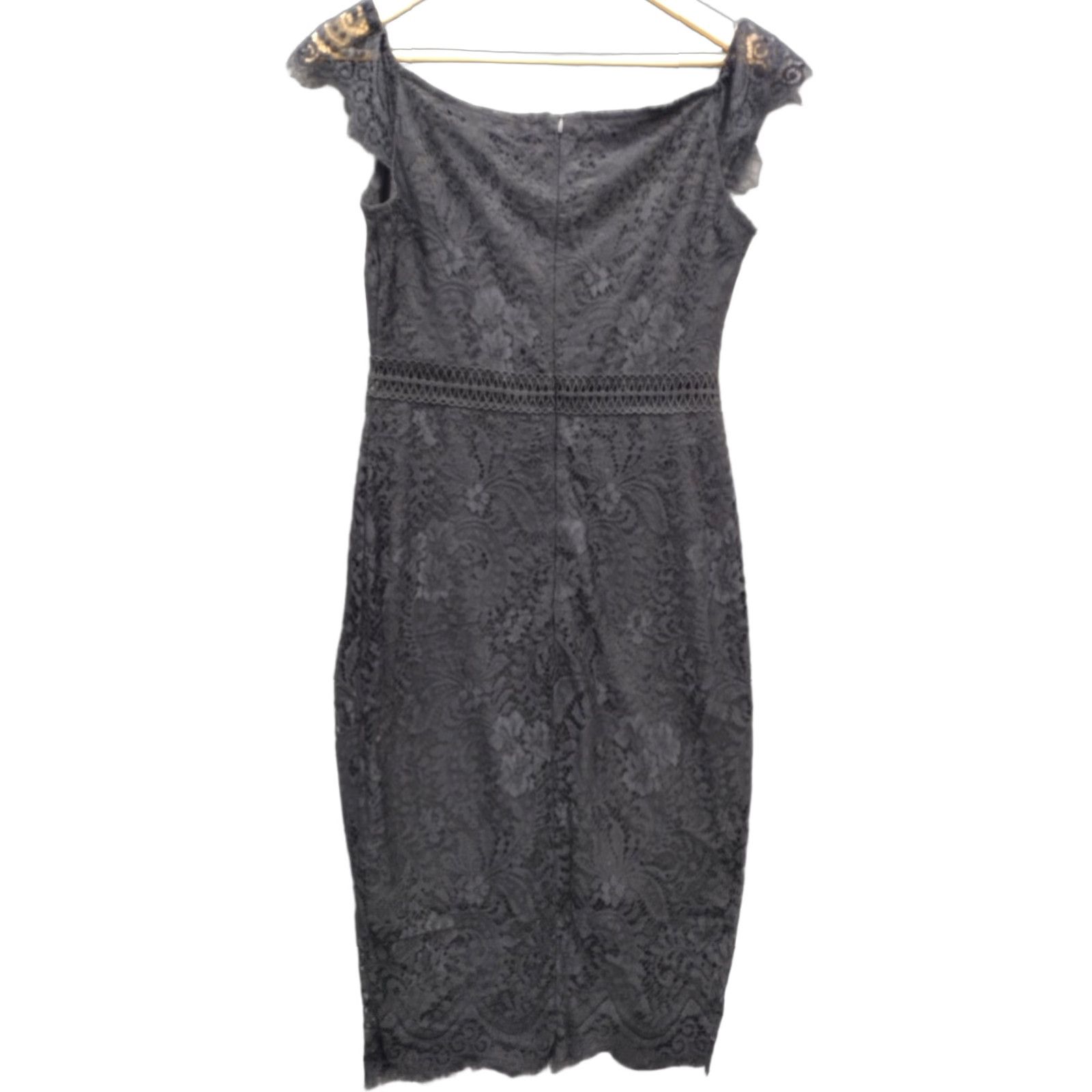 Vintage ALLANDWELL Black Floral Lace Bodycon Cocktail Midi Dress V Opening Cap Sleeve Zipper Party Womens M Size M / US 6-8 / IT 42-44 - 1 Thumbnail