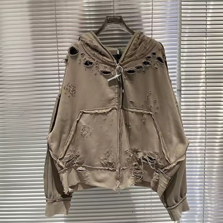 Other Distressed Loose Zipper Washed Hip Hop Beige Jacket Hoodie Size US M / EU 48-50 / 2 - 1 Thumbnail