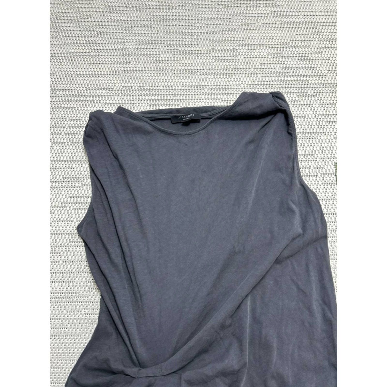 Allsaints Riviera Devo Gathered Jersey Dress Womens Medium Gray Asymmetrical Hem Maxi Fashion