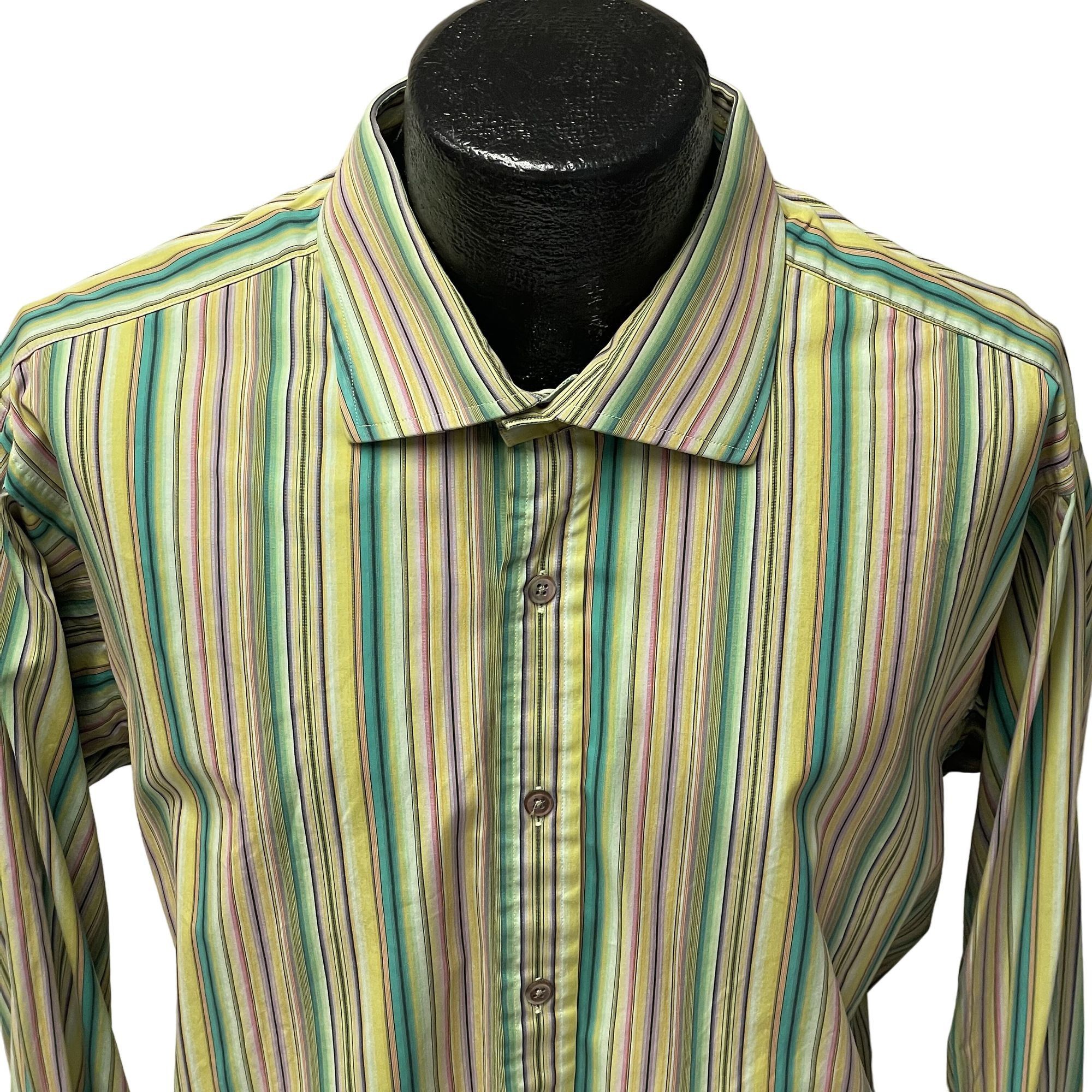 Ike Behar Ike Behar Trim Fit Green RAINBOW CANDY Stripe Dress Shirt Size US XL / EU 56 / 4 - 2 Thumbnail