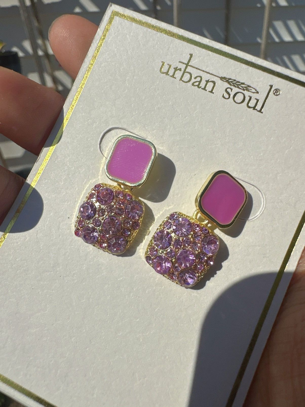 Designer Urban soul earrings gold tone pink purple square studs Size ONE SIZE - 3 Thumbnail