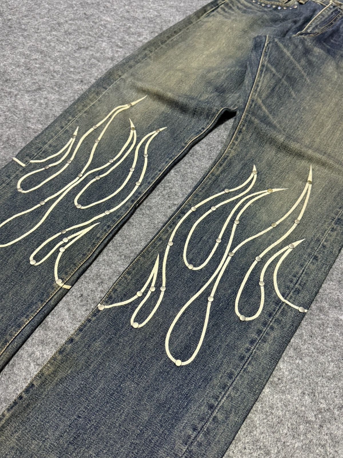 Big John × Edwin × Japanese Brand 90s Big John Studded Gemstone Tribal Flame Mud Wash Jeans Size US 30 / EU 46 - 6 Thumbnail