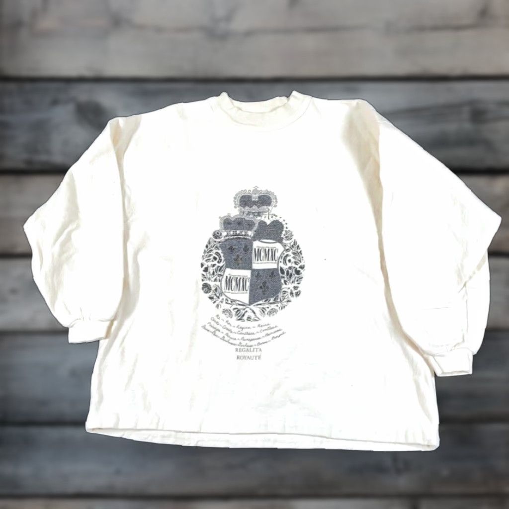Vintage VTG Stefano Royalty Crest Print Sweatshirt Women L Ivory Cotton Textured Print Hipster Retro TV Pullover Casual Womens Vintage Size L / US 10 / IT 46 - 1 Thumbnail