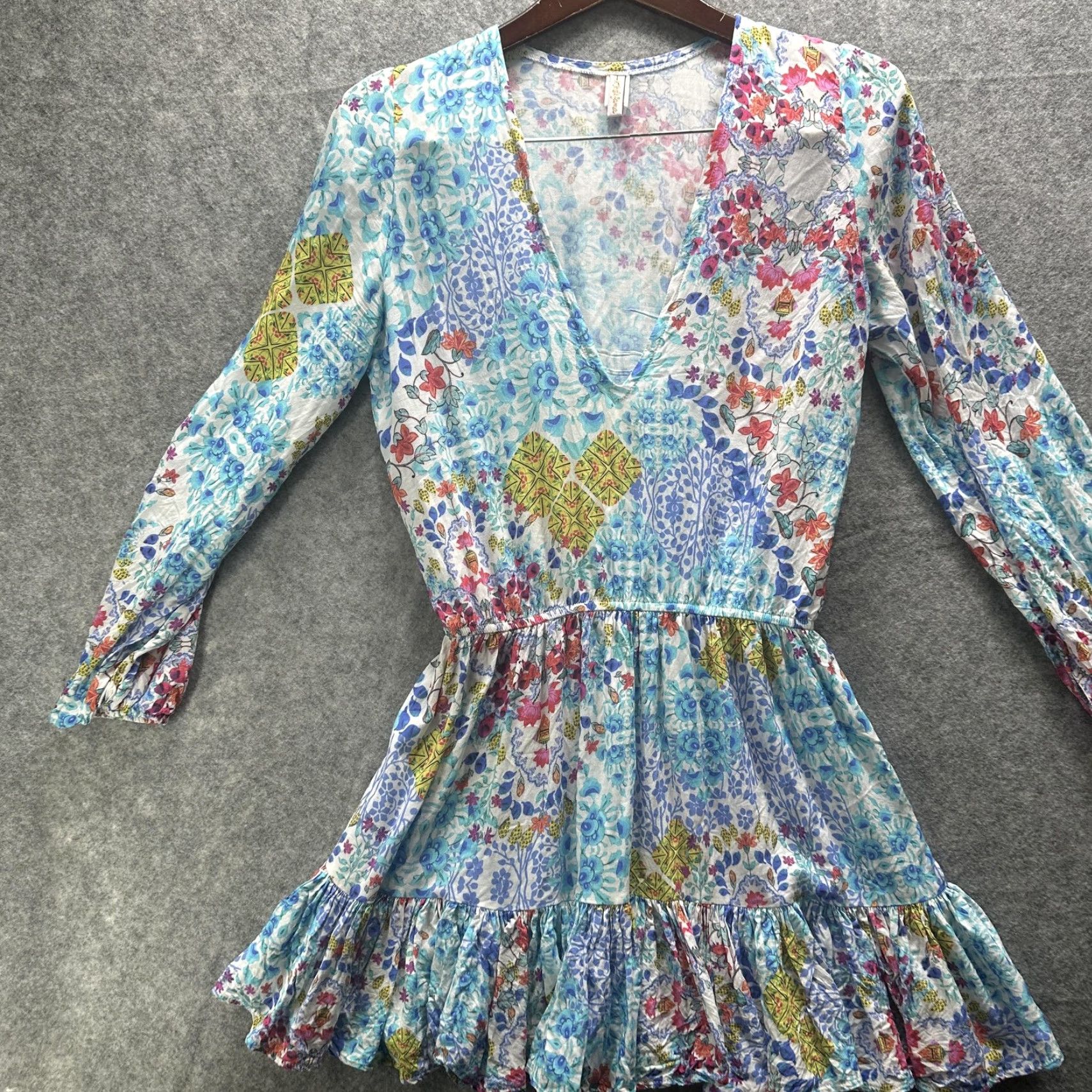 Vintage Luli Fama Dress Womens M Blue Floral Boho Ruffle Hem Long Sleeve Mini Beach Size M / US 6-8 / IT 42-44 - 3 Thumbnail