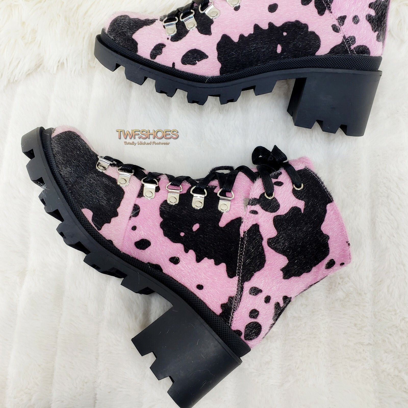 Other Kick Azz Lace Up Lug Sole Combat Ankle Boots Faux Fur Pink C Size US 7 / IT 37 - 3 Thumbnail