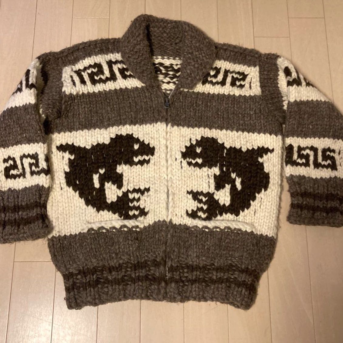 Vintage Cowichan Knit Sweater Whale Pattern Vintage Shawl Collar Beige Ivory Used Unisex Adults Knit Cardigan Sweatshirt Size One Size Brown Decade - Size US M / EU 48-50 / 2 - 2 Thumbnail