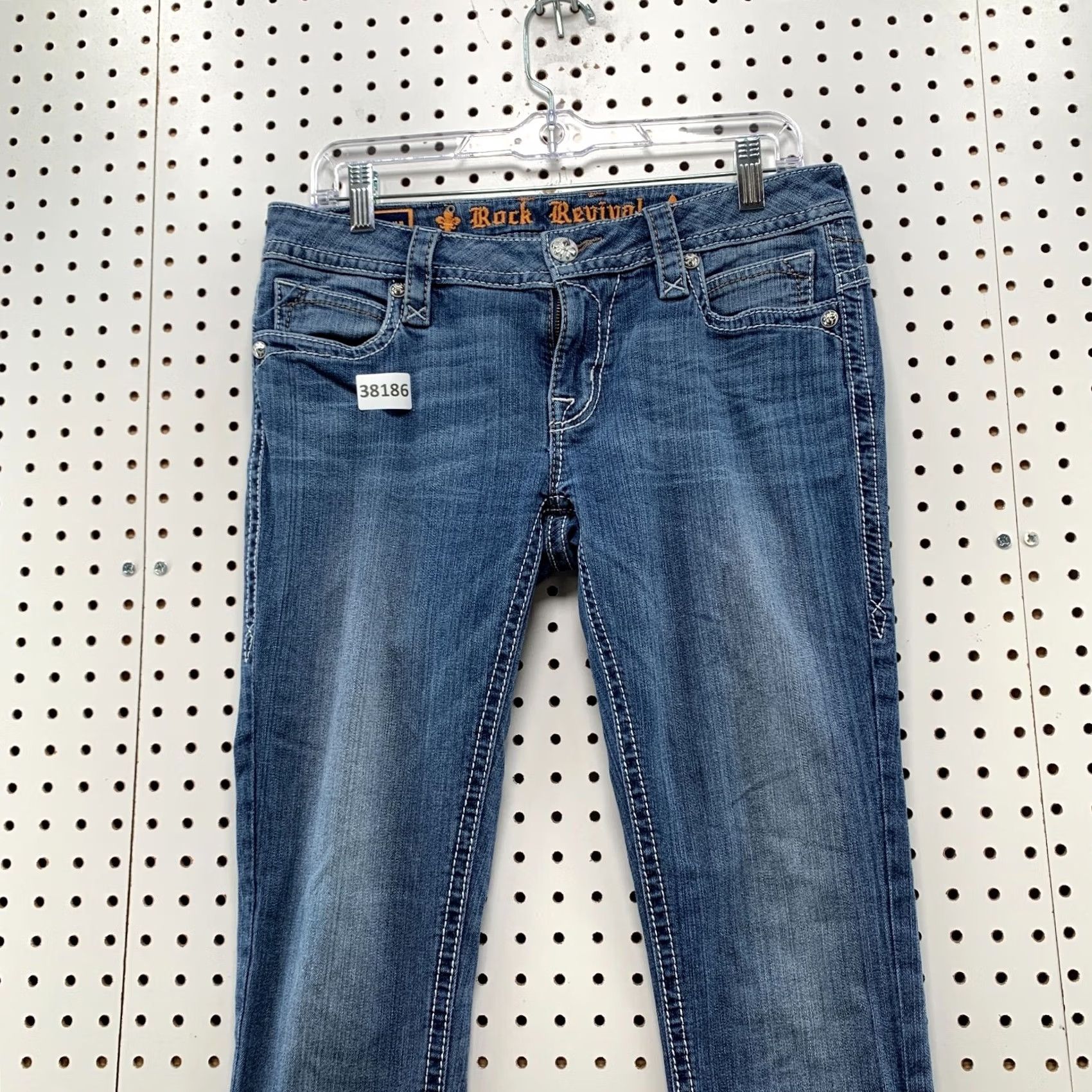 Vintage VINTAGE Rock Revival Skinny Jeans WOmens Size 29 SLim Blue Flap Pocket Fits 32x30 Denim Size 29" - 6 Thumbnail