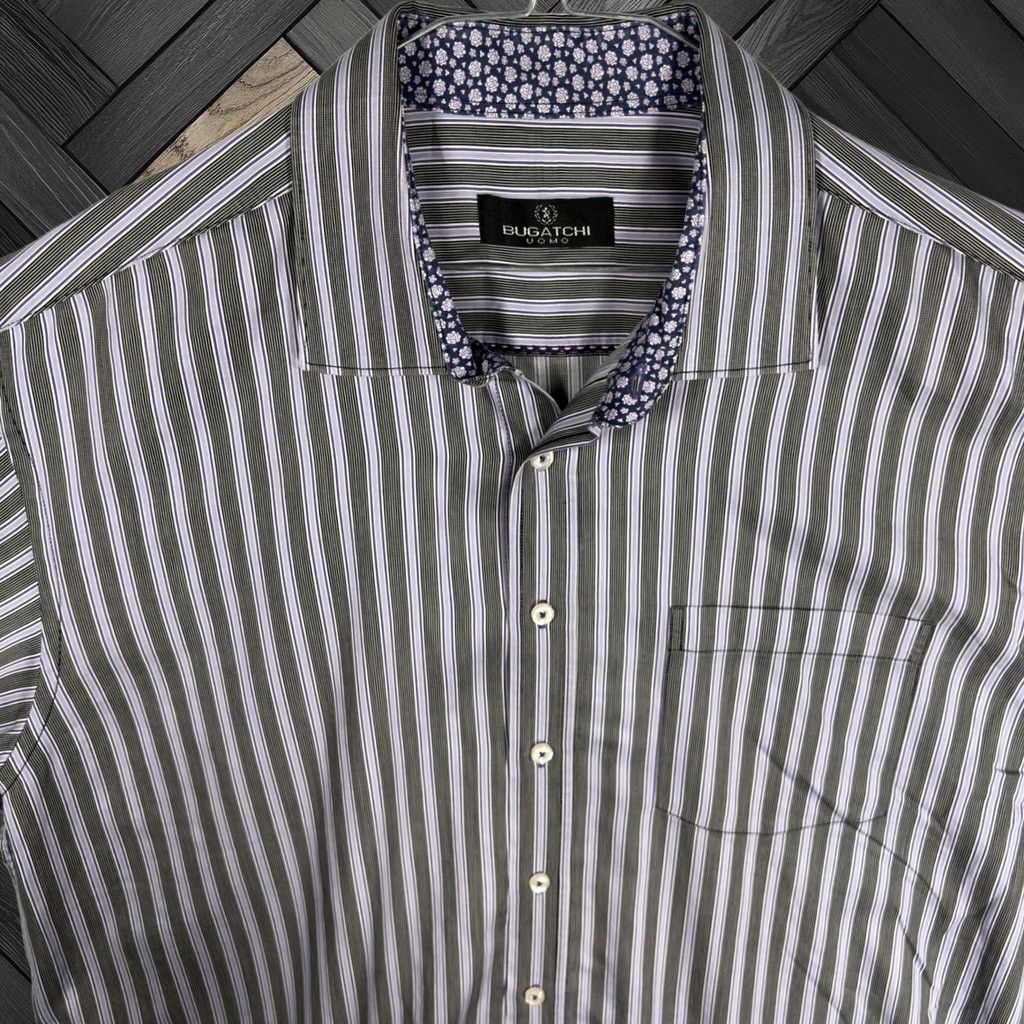 Bugatchi Uomo Shirt 1XL Purple Grey Striped Cotton Long Sleeve Button Down Mens Flower, Men's