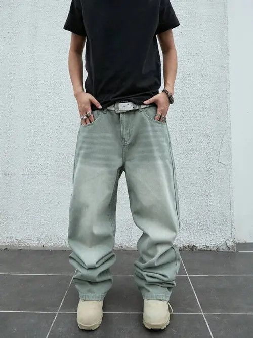 Washed Denim Jeans stacked wide leg