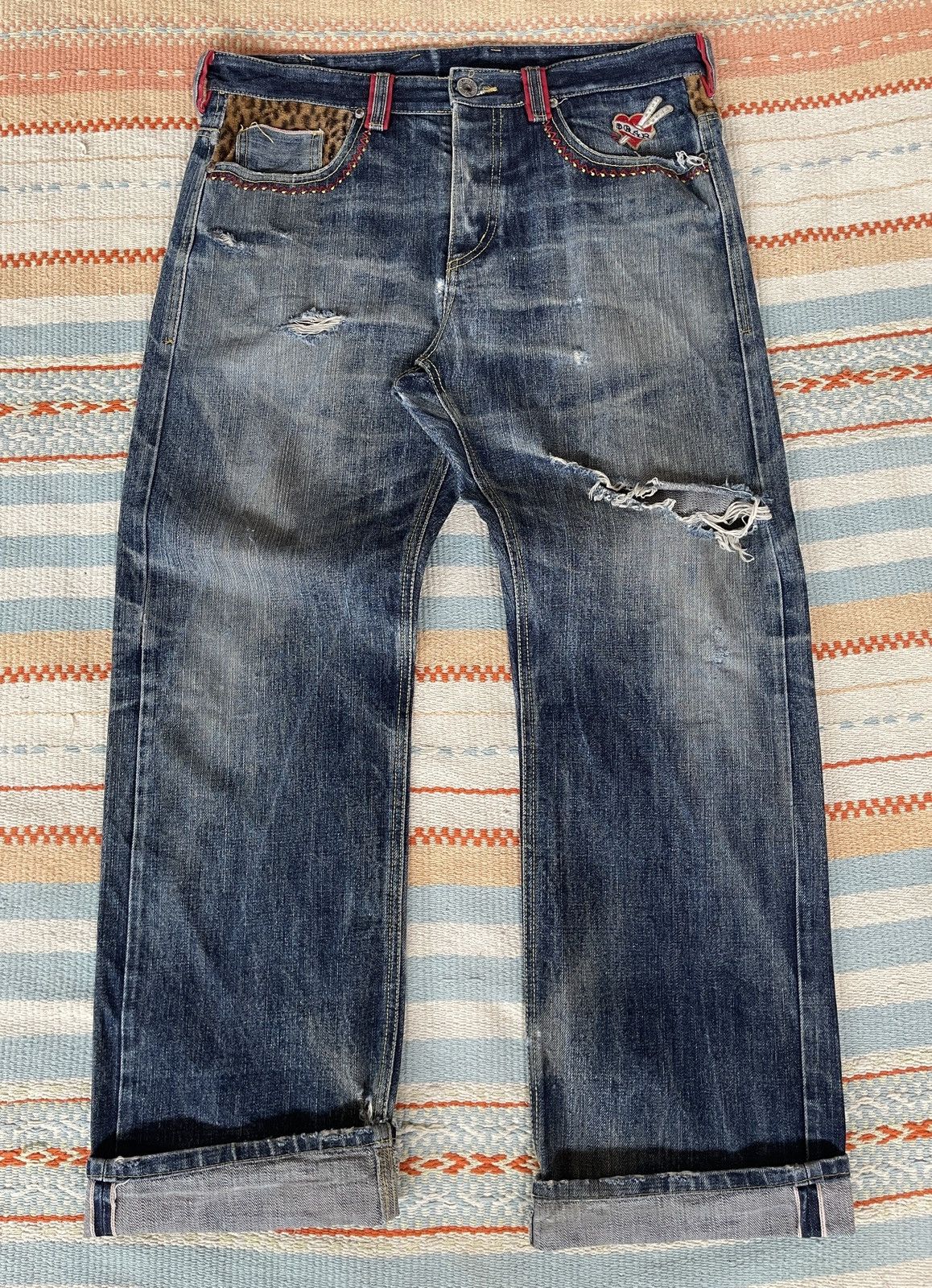 If Only Was True Very rare🔥SQUARE DARK🔥Embroidery Selvedge Distressed Jeans Size US 35 - 3 Thumbnail