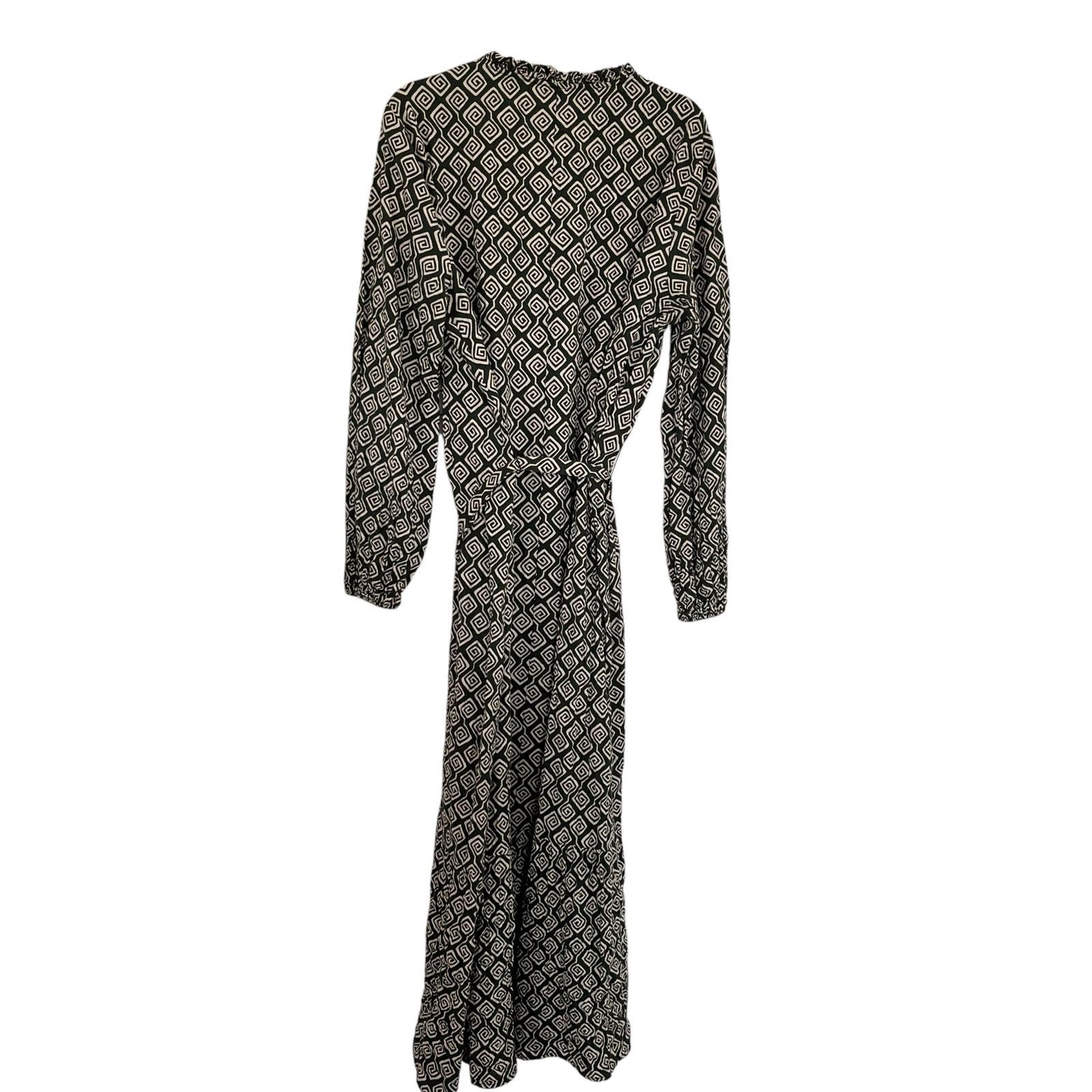 Zara Zara Green Cream Geometric Print Tie Waist Midi Dress Size L / US 10 / IT 46 - 4 Thumbnail
