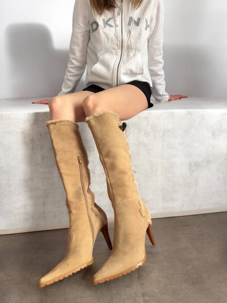 Hysteric Glamour x Nine West Y2K Faux Fur Details Suede Leather Heel Shoes Boots in Beige, Women's (Size 9)