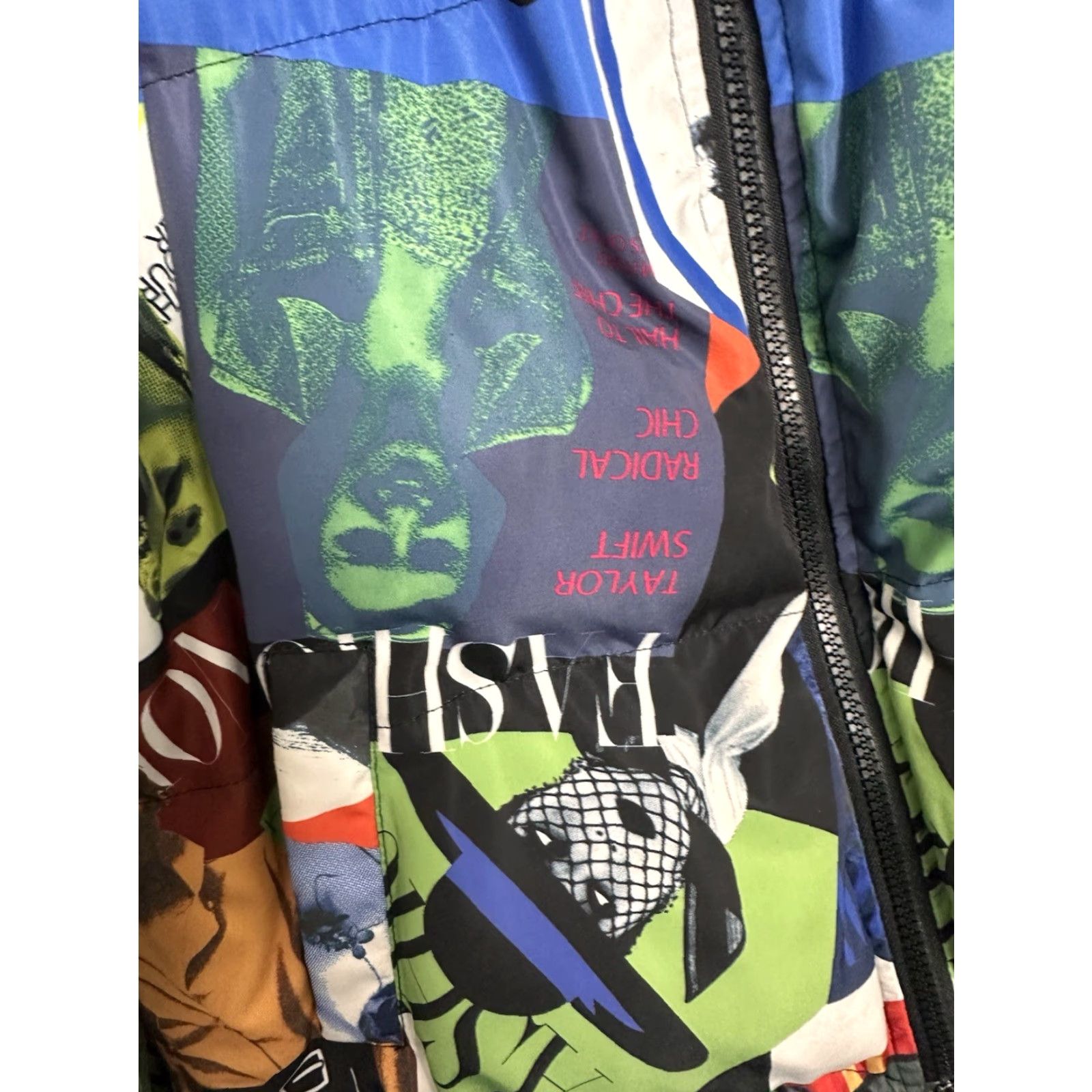 SHEIN Taylor Swift Figure Patchwork Print Drawstring Puffer Jacket Size Small Women Multicolor Animal Print Zipper Padded