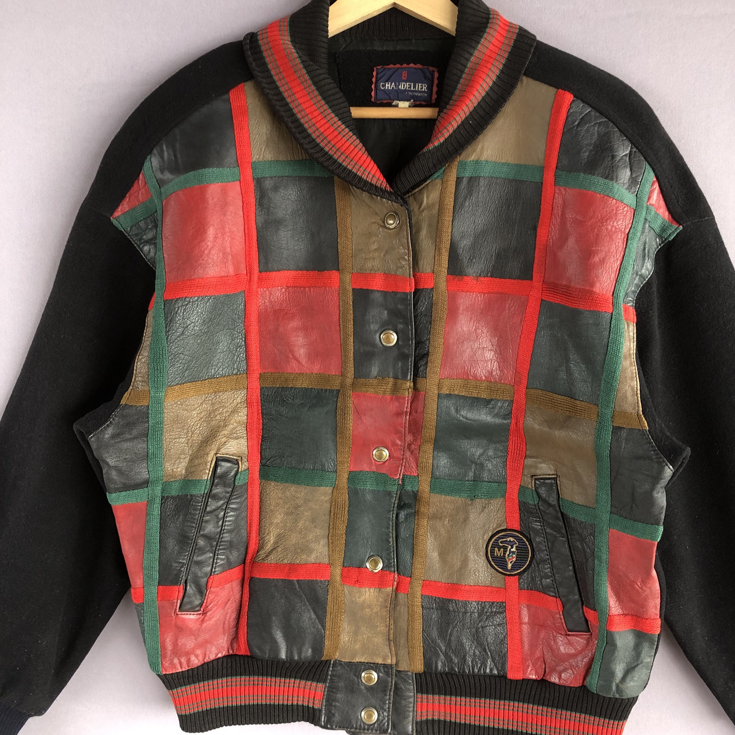Vintage Vintage 90s Chandelier Tartan Leather Varsity Wool Jacket Size US M / EU 48-50 / 2 - 3 Thumbnail