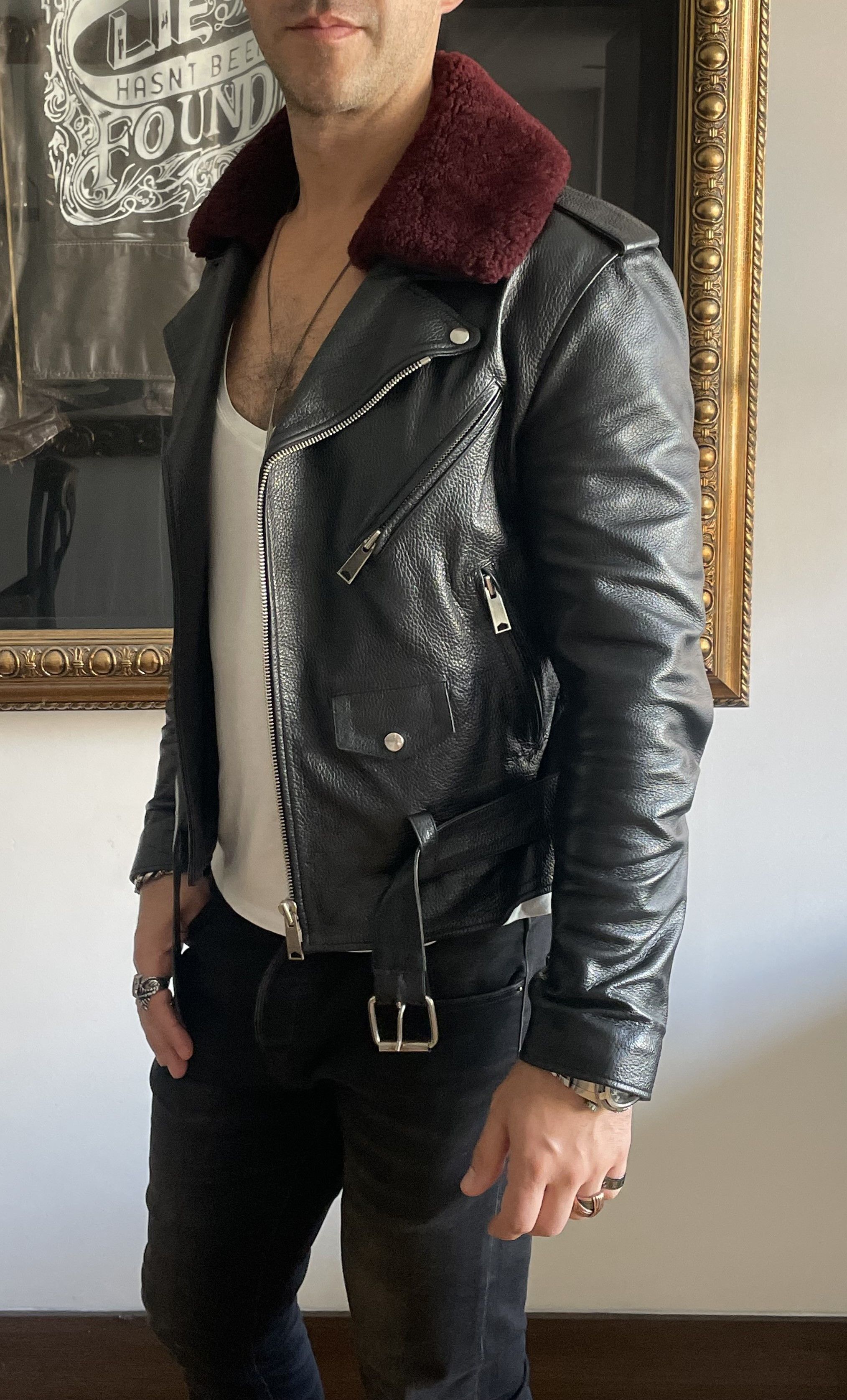 Sandro Leather Biker Jacket with Fur Collar Schott Varvatos