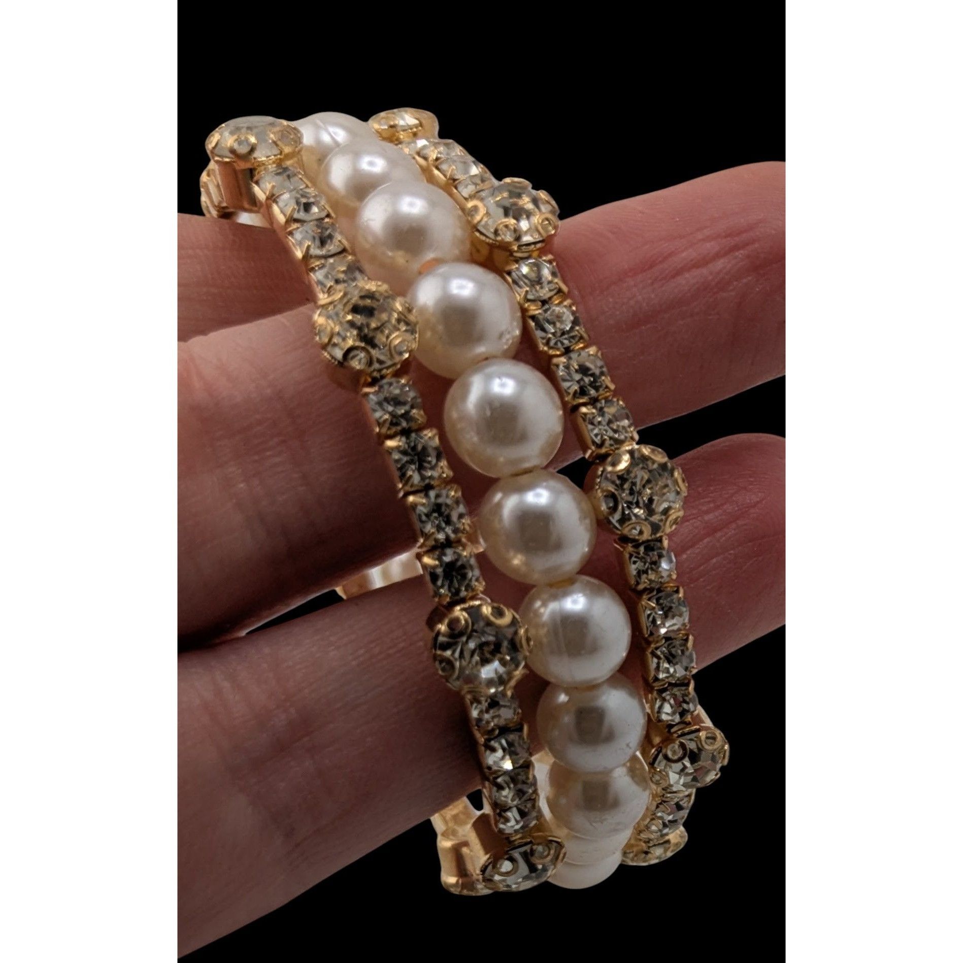 Other Elegant Gold Tone & Faux Pearl Coil Bracelet With Rhinestone Size ONE SIZE - 2 Thumbnail