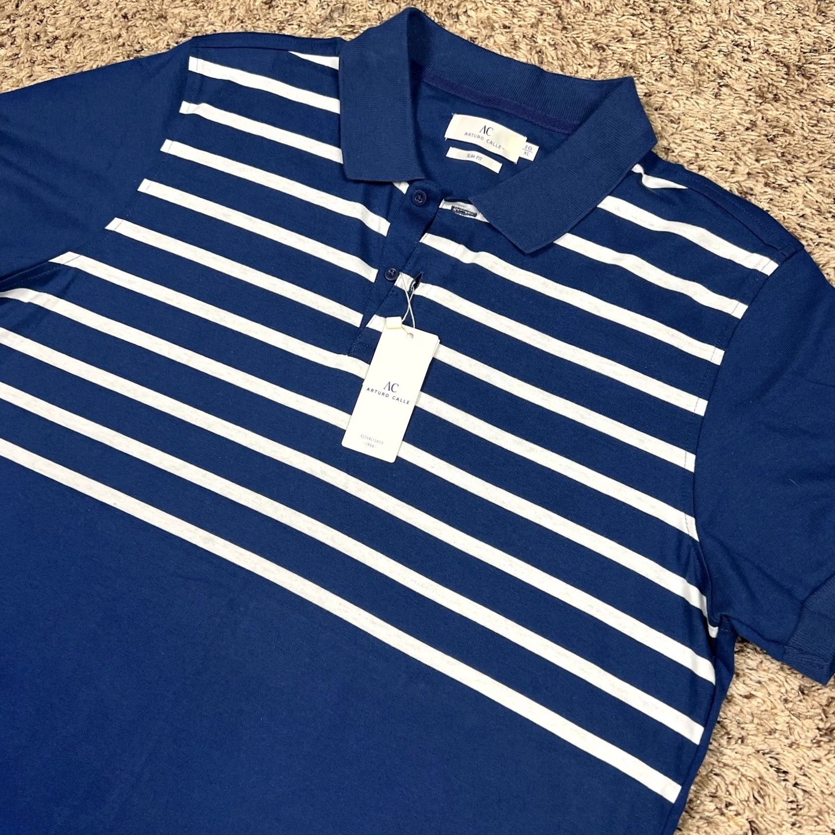 Vintage NWT Arturo Calle Polo Shirt XL Navy Blue White Striped 100% Cotton Men Slim Short Sleeve Collared Button Polo Size US XL / EU 56 / 4 - 5 Thumbnail