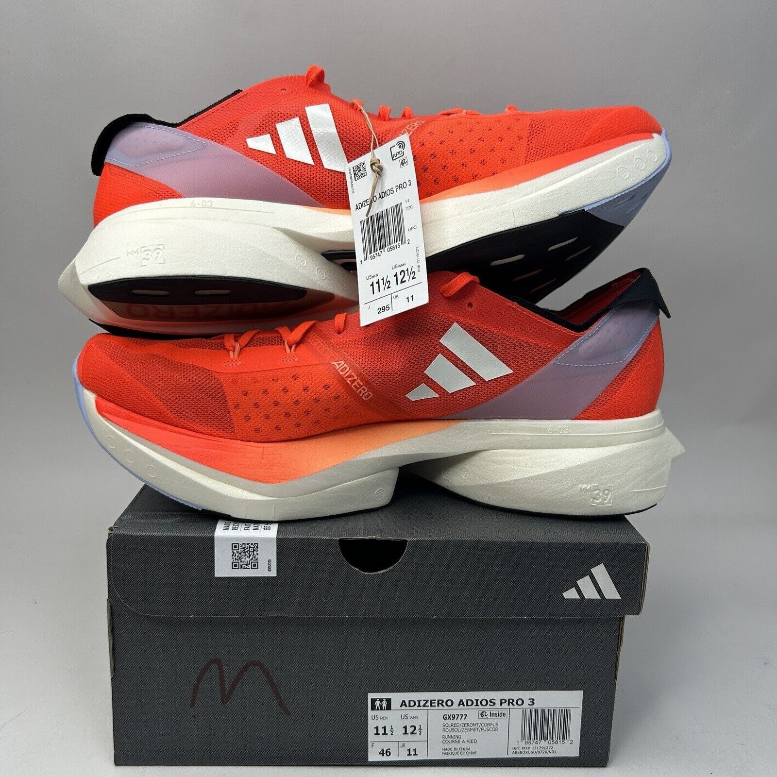 Adidas Adidas Adizero Adios Pro 3 “Solar Red” 2023 Size US 11.5 / EU 44-45 - 3 Thumbnail
