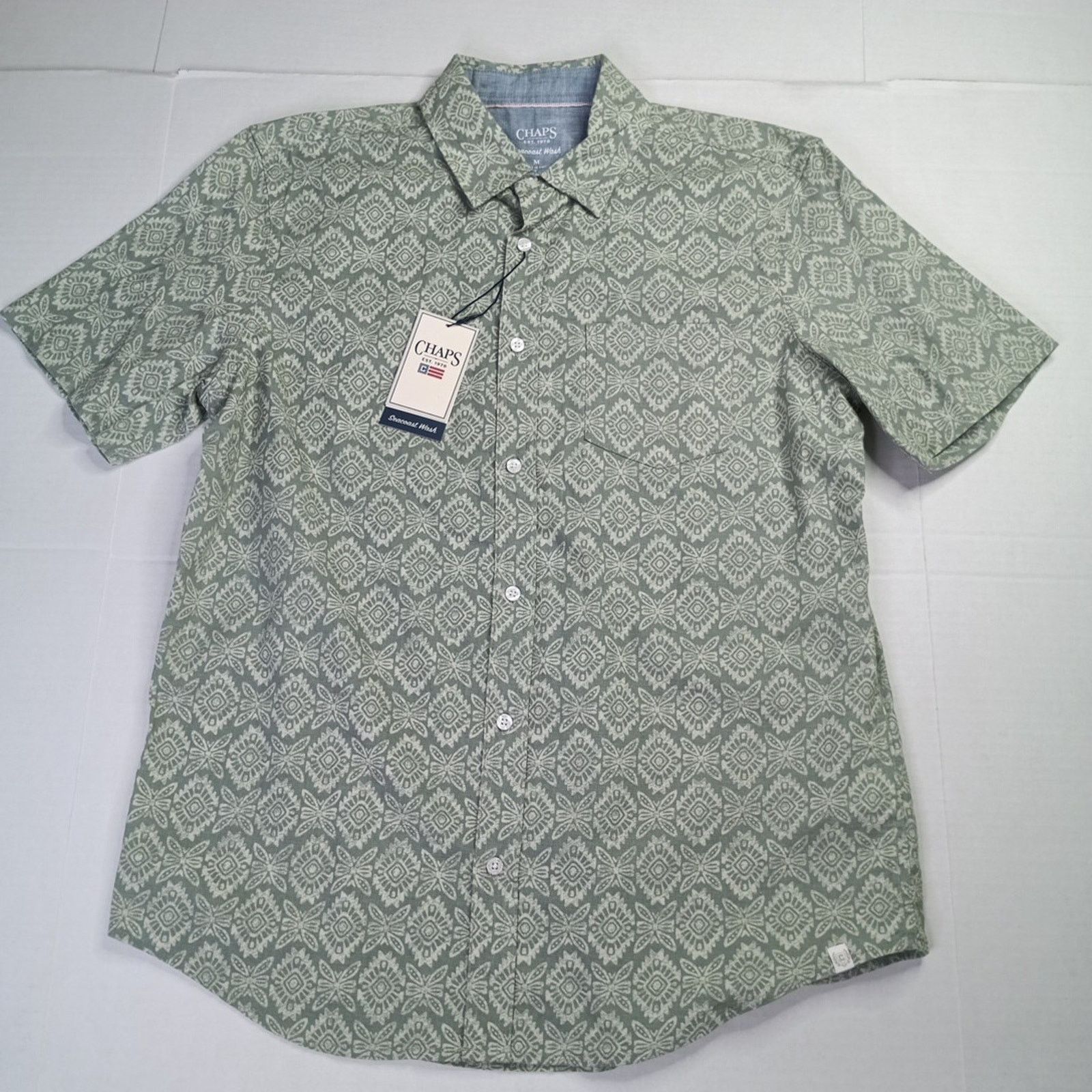 Chaps Chaps Seacoast Chambray Woven Shirt Mens M Green Aztec Print Size US M / EU 48-50 / 2 - 1 Thumbnail