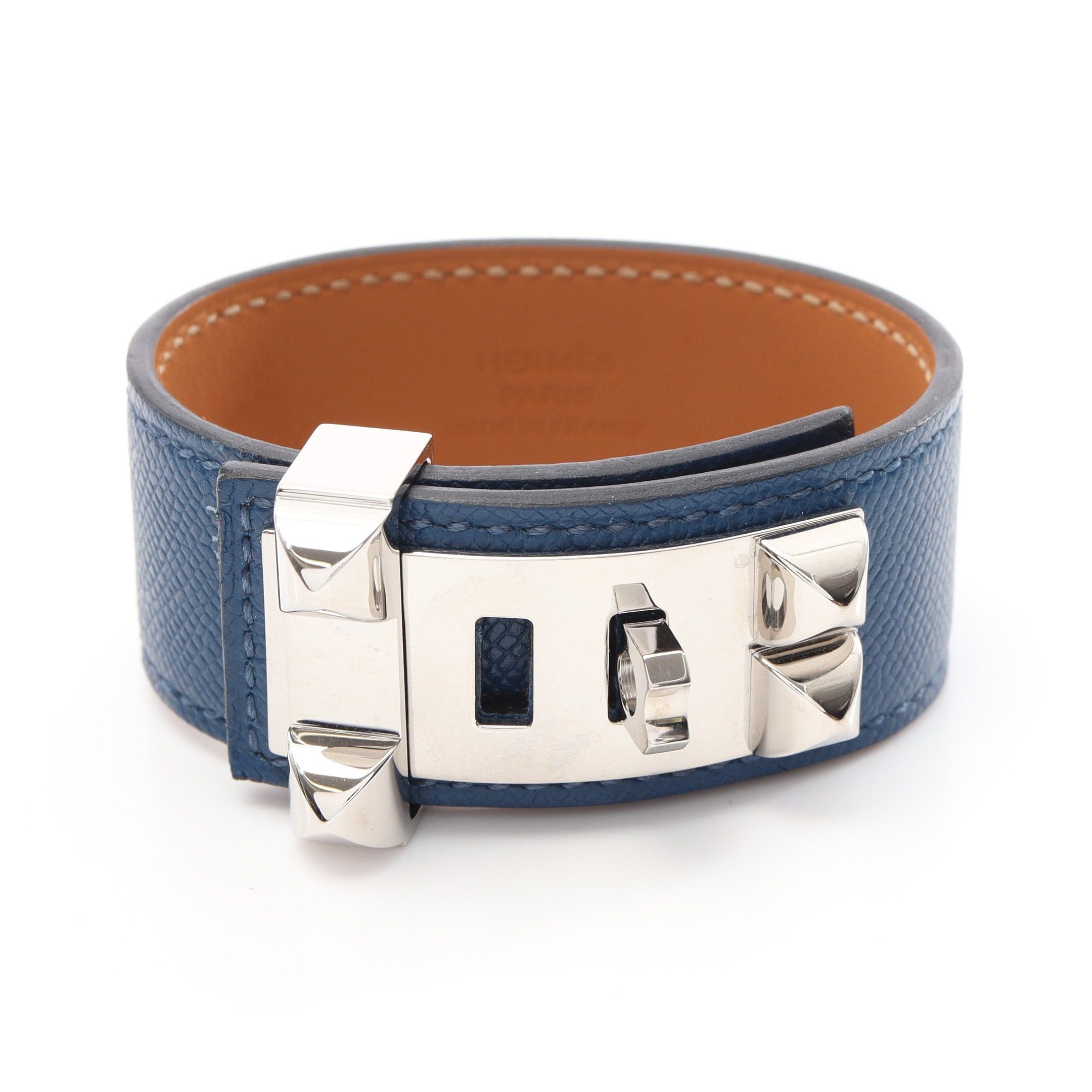 Hermes Corridian Bracelet Bangle Leather Dark Blue Silver D Stamp