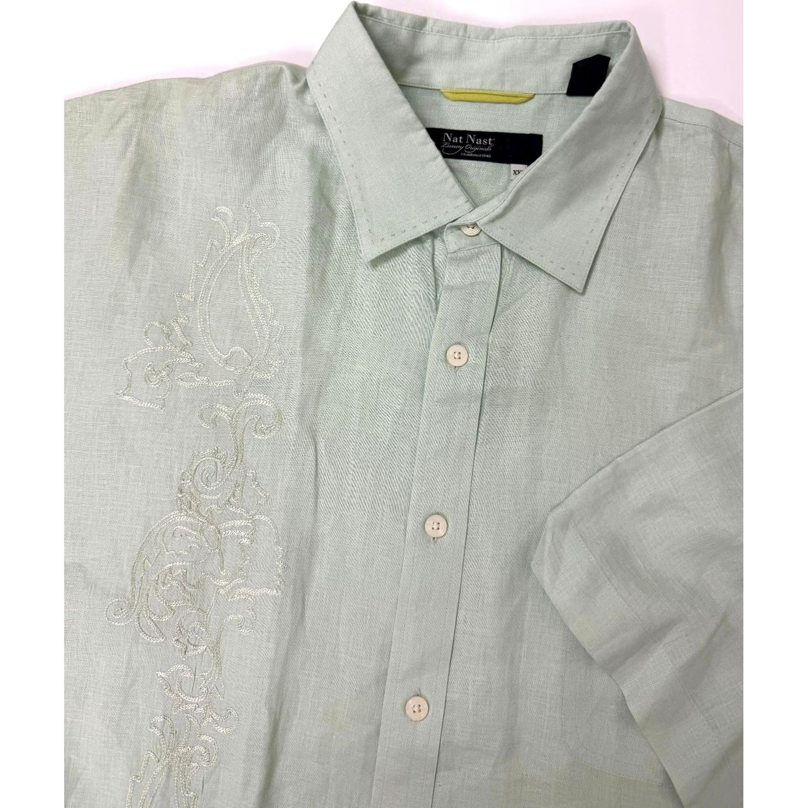 Nat Nast Nat Nast Linen Shirt Mens XXL Embroidered Paisley Button-Up Short Sleeve Collared Oversized Travel Green Size US XXL / EU 58 / 5 - 2 Thumbnail